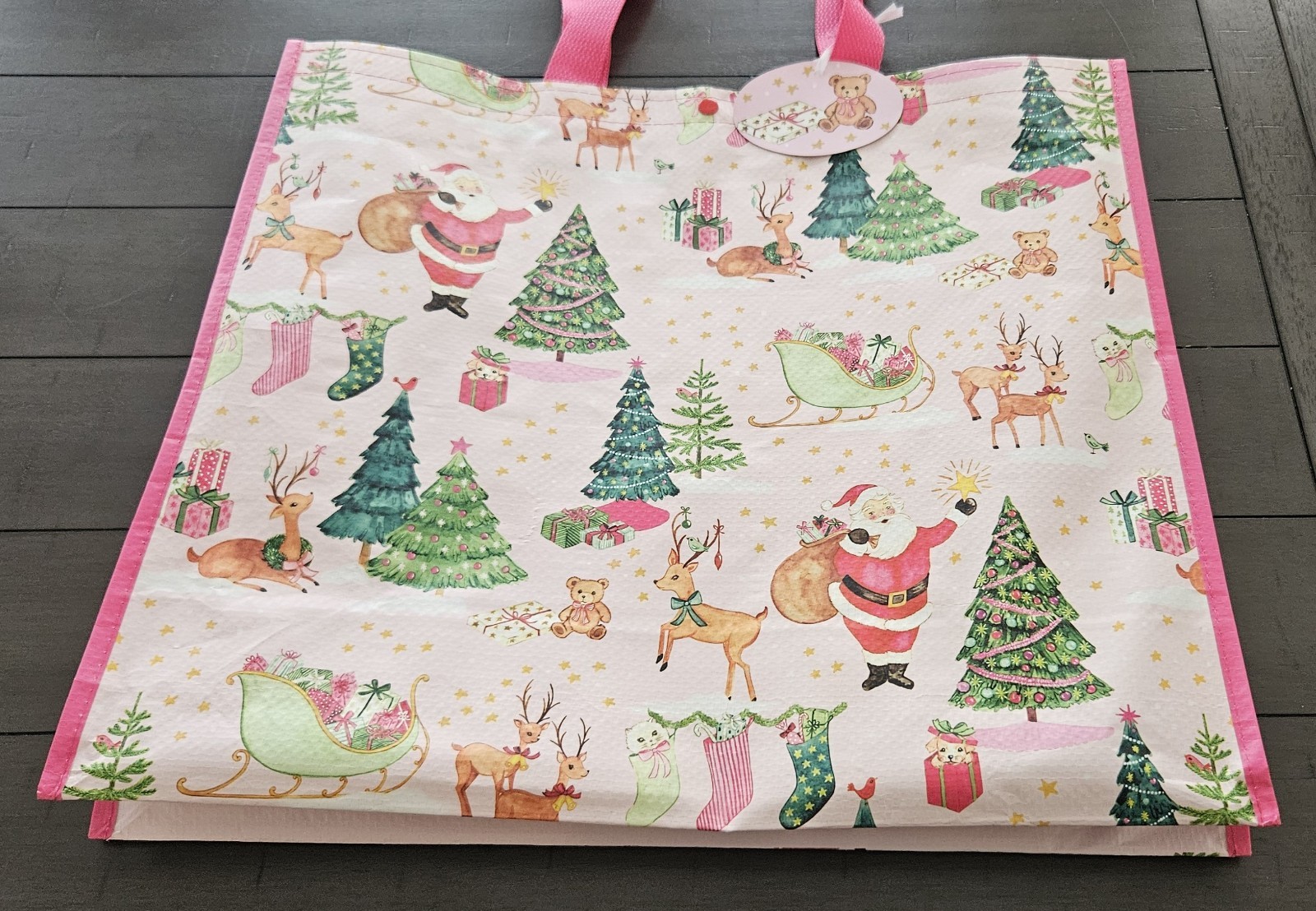 NEW XL TJ Maxx Pink Christmas Watercolor Reusable Shopping Gift Bag
