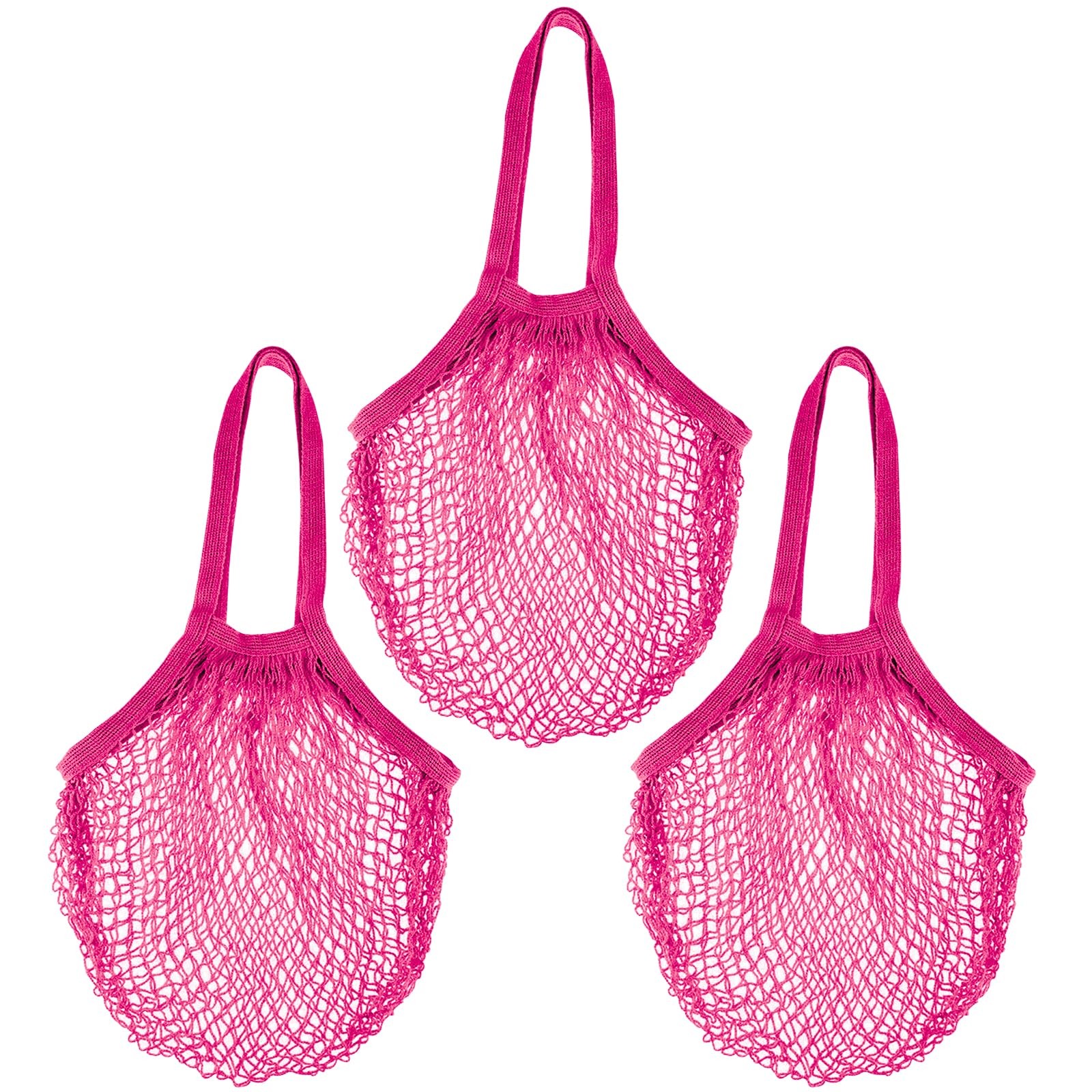 Zyzhogar 3 Pack Cotton Mesh Grocery Bags,Reusable Net Large, Hot Pink