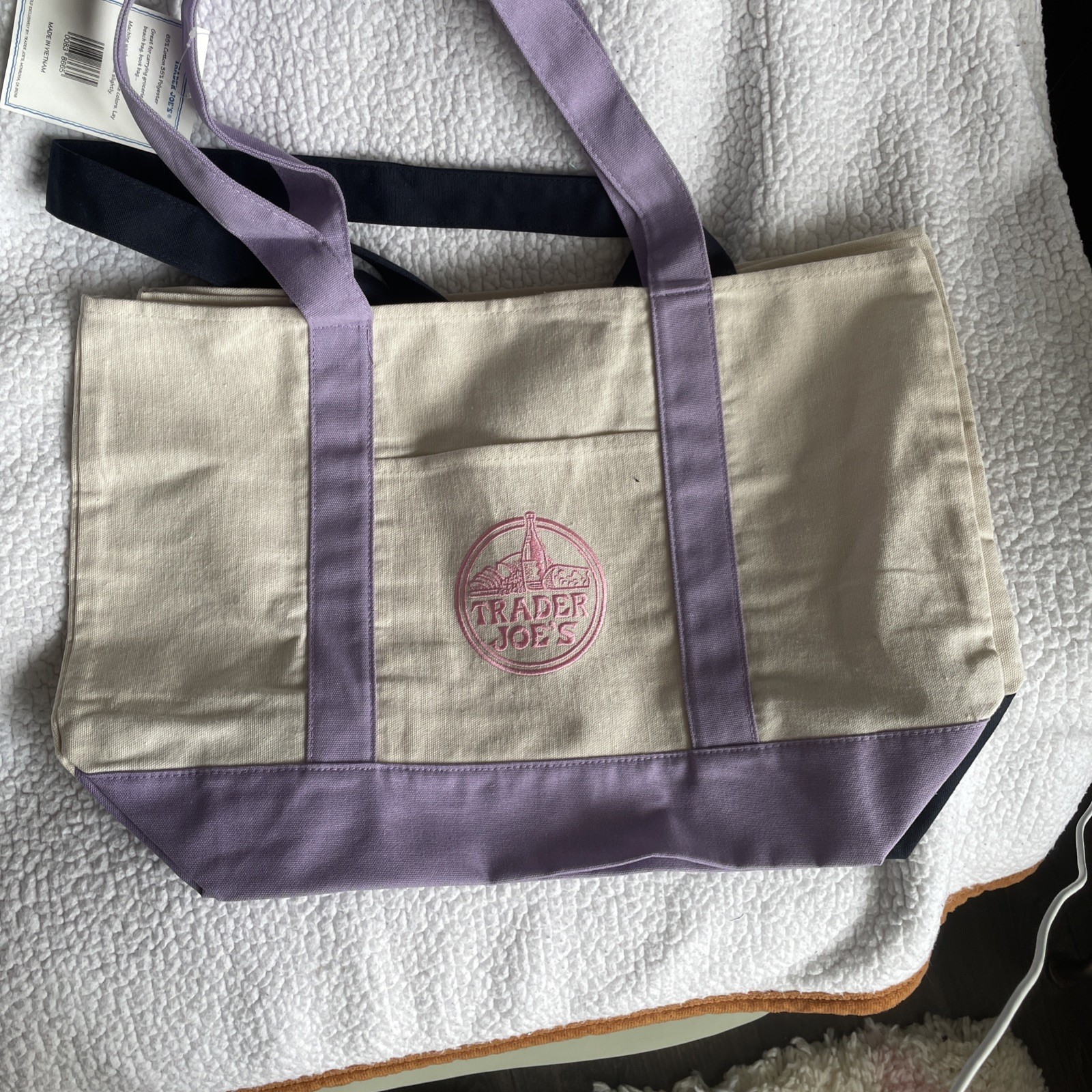 2 Trader Joe’s LARGE Canvas Shopping Bag NEW Blue/White & Purple/White