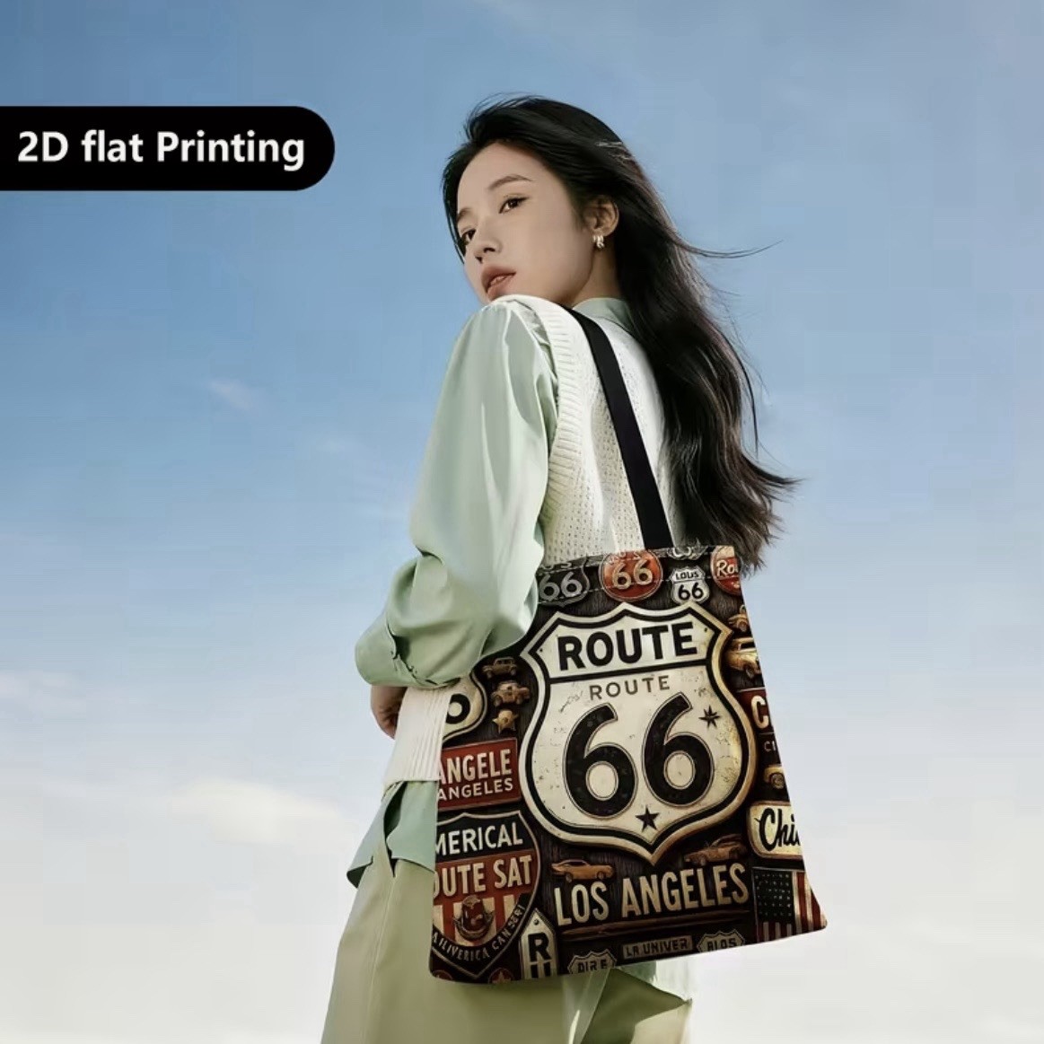 1pc Double-Sided 2D Flat Printing Shopping Tote Bag, Vintage, Route 66
