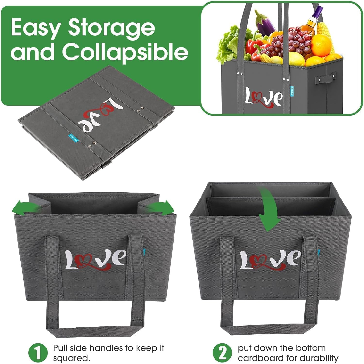 Reusable Grocery Bags Heavy Duty Foldable Shopping Tote Bags with Handles & Rein