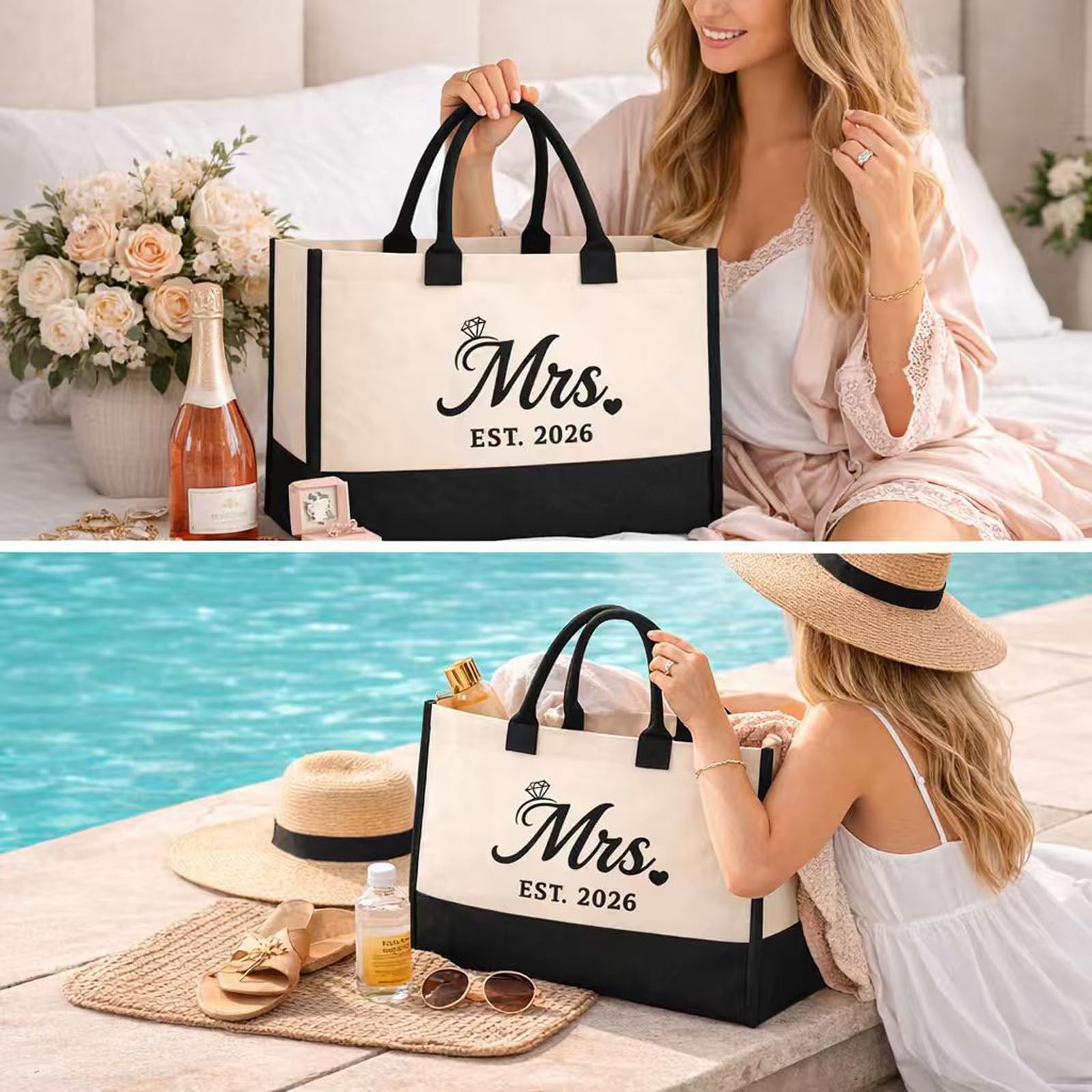 Terrarowth Mrs 2026 Canvas Tote Bag Set, Wedding Bridal Gift Large, White