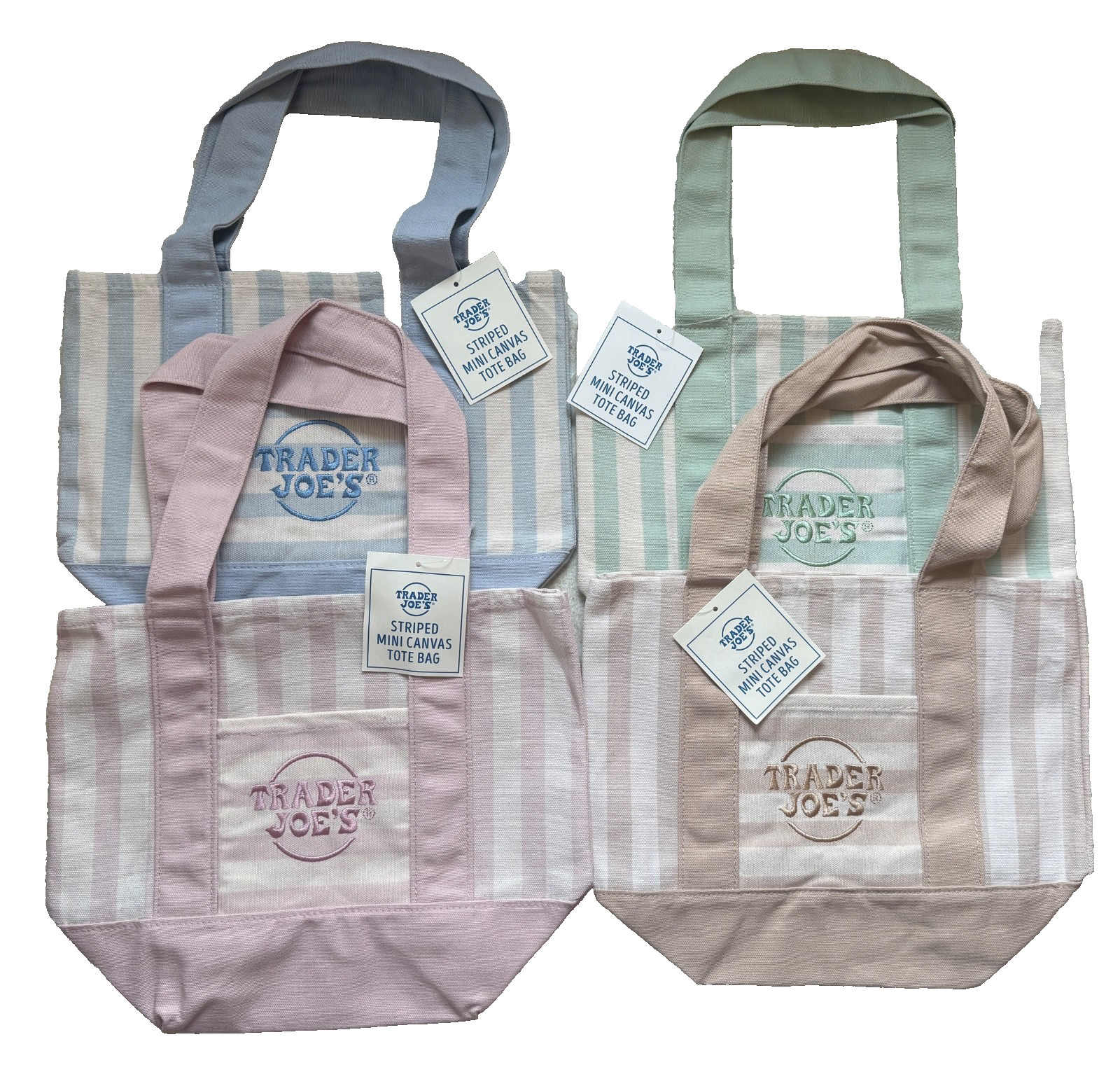 Trader Joe’s Pastel Stripe Mini Canvas Tote Bags Limited Edition Set Of 4 COLORS