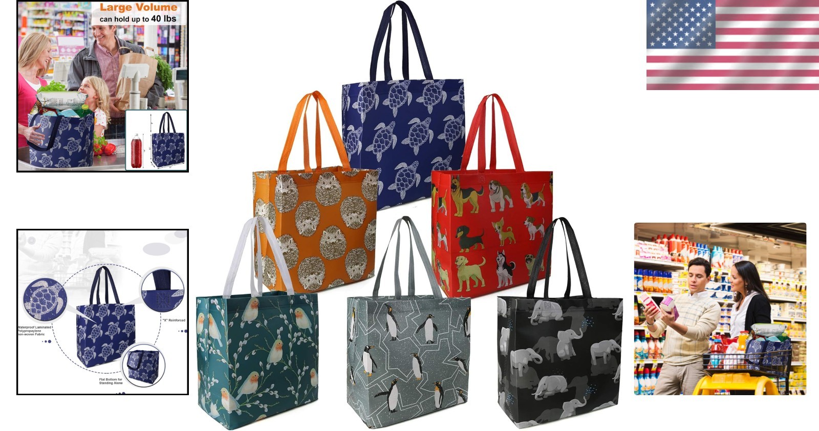 Portable Foldable Animal Print Shopping Bags – Set of 6, Perfect for Groceries