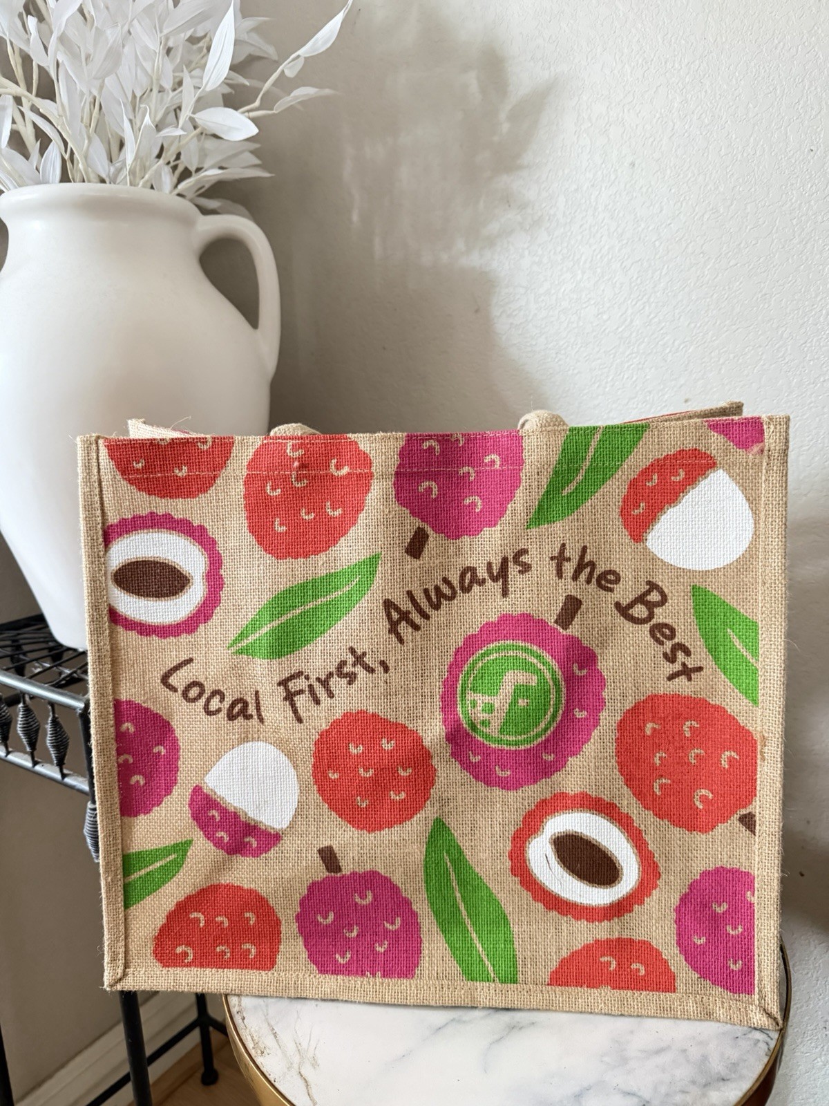 Foodland Jute Reusable Shopping Tote Bag Fruit Pattern With Handles 14x13x6″