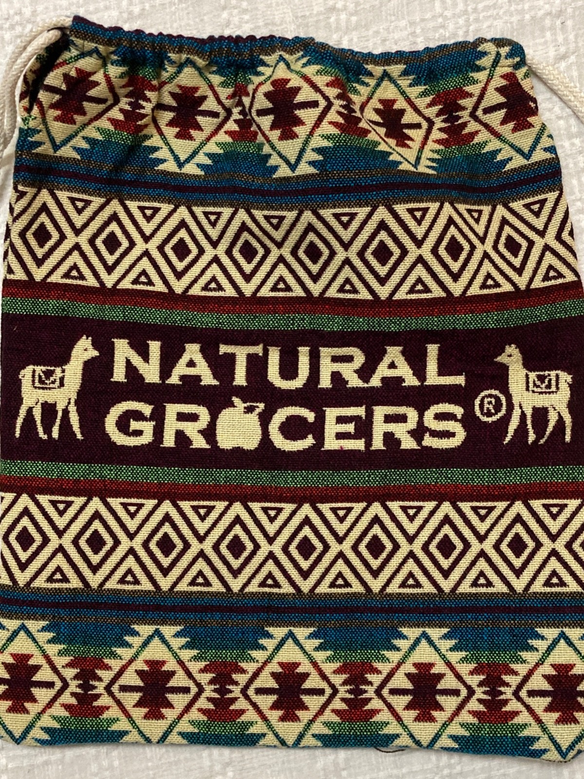 Natural Grocers Drawstring Backpack 17×14″ Bag Grocery Wool Llama Woven Ecuador