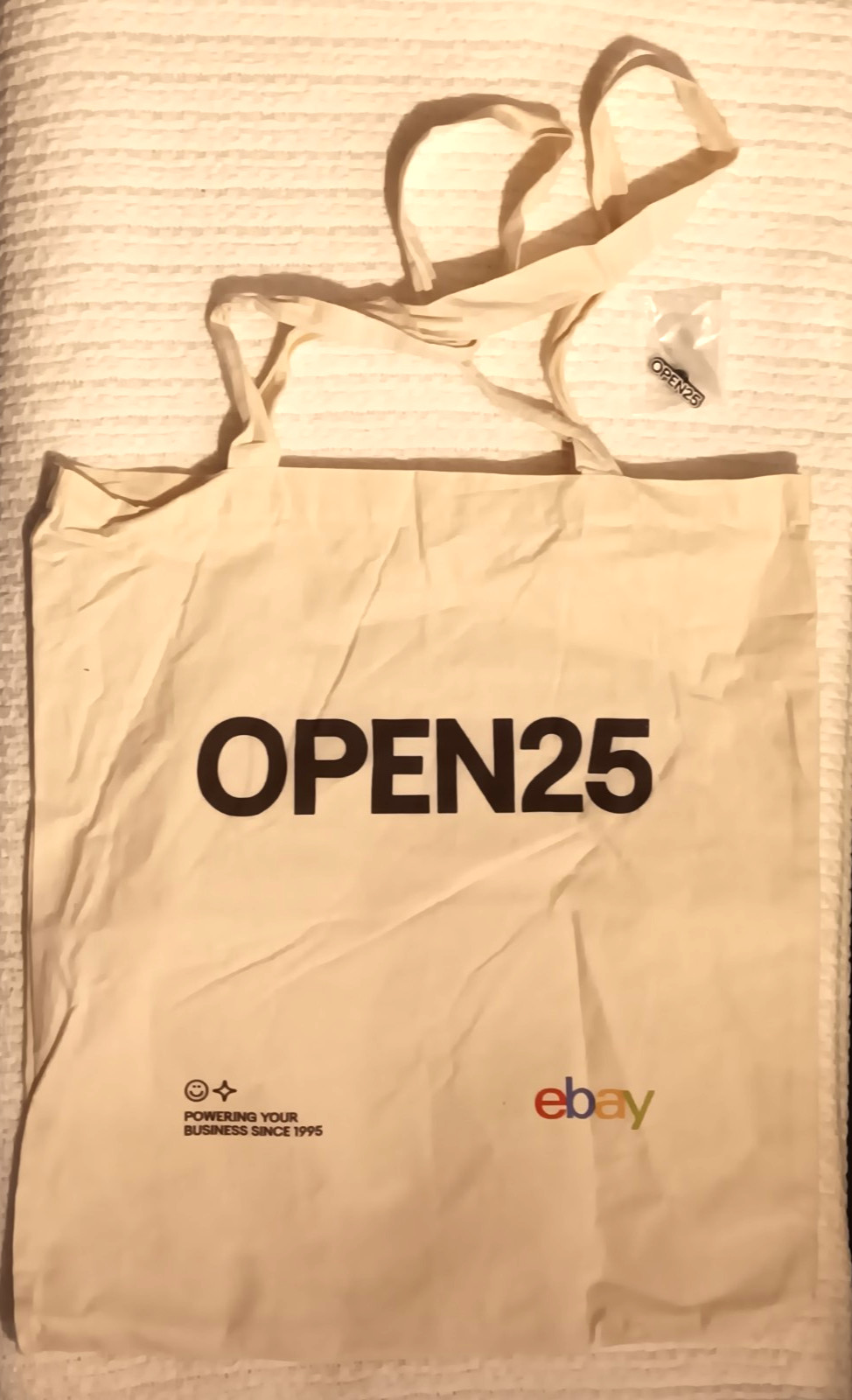 Ebay Open 2025 Eco Friendly Reusable Tote Beige 14″Wx16″L Handle & Souvenir Pin