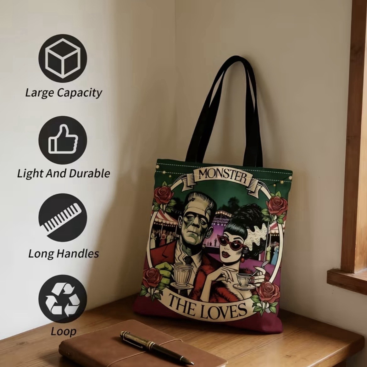 1pc Double-Sided 2D Flat Printing Shopping Tote Bag, Vintage Monster Love