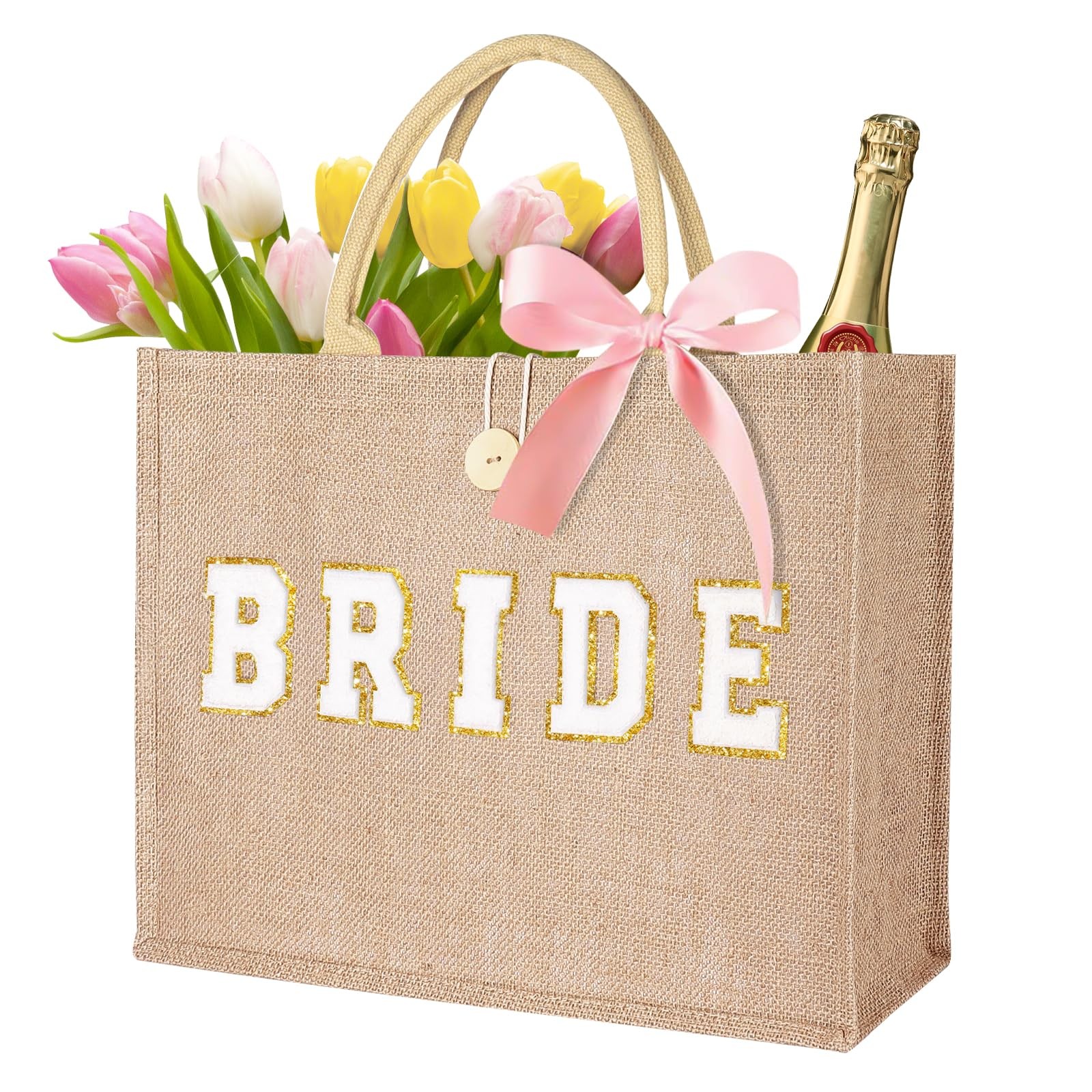 Bride Bag – Bride to Be Gifts Natural Jute Large Tote Bag with Webbed Handles…