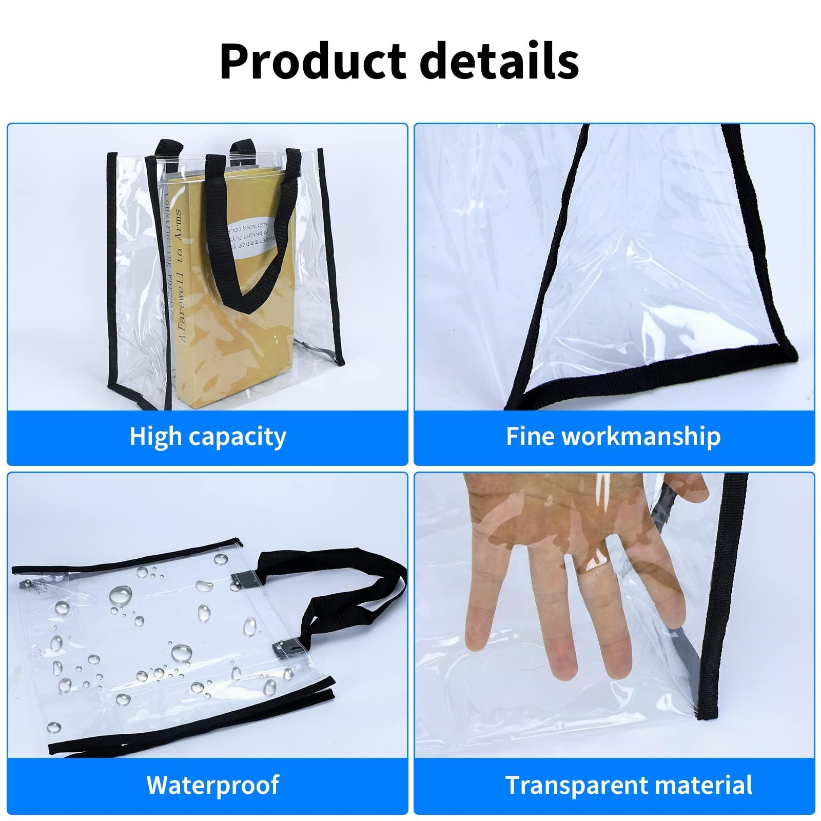 Clear Tote Bags 12x12x6 Inch PVC Plastic Handles Work Stadium Beach Sports