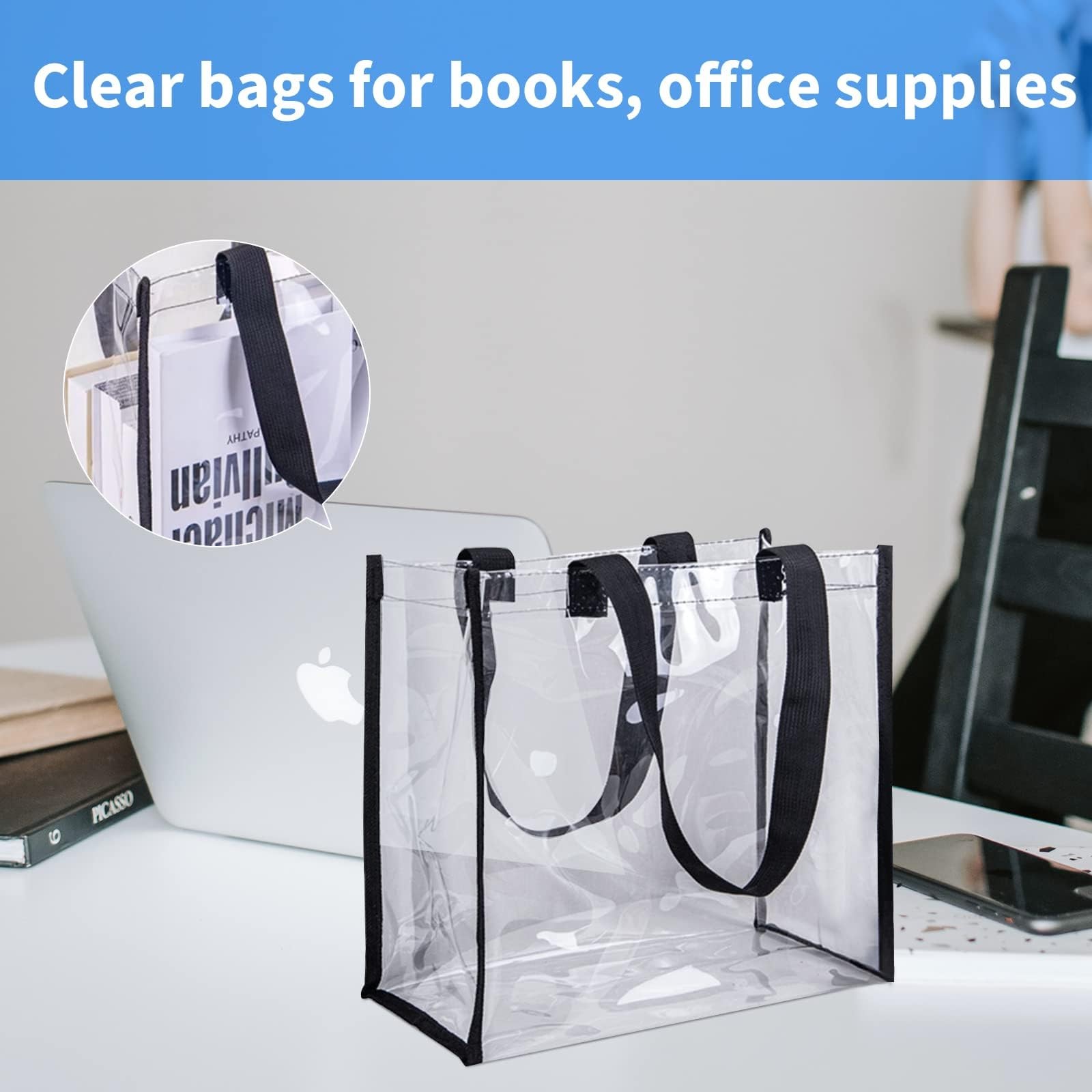 Clear Tote Bags 12x12x6 Inch PVC Plastic Handles Work Stadium Beach Sports