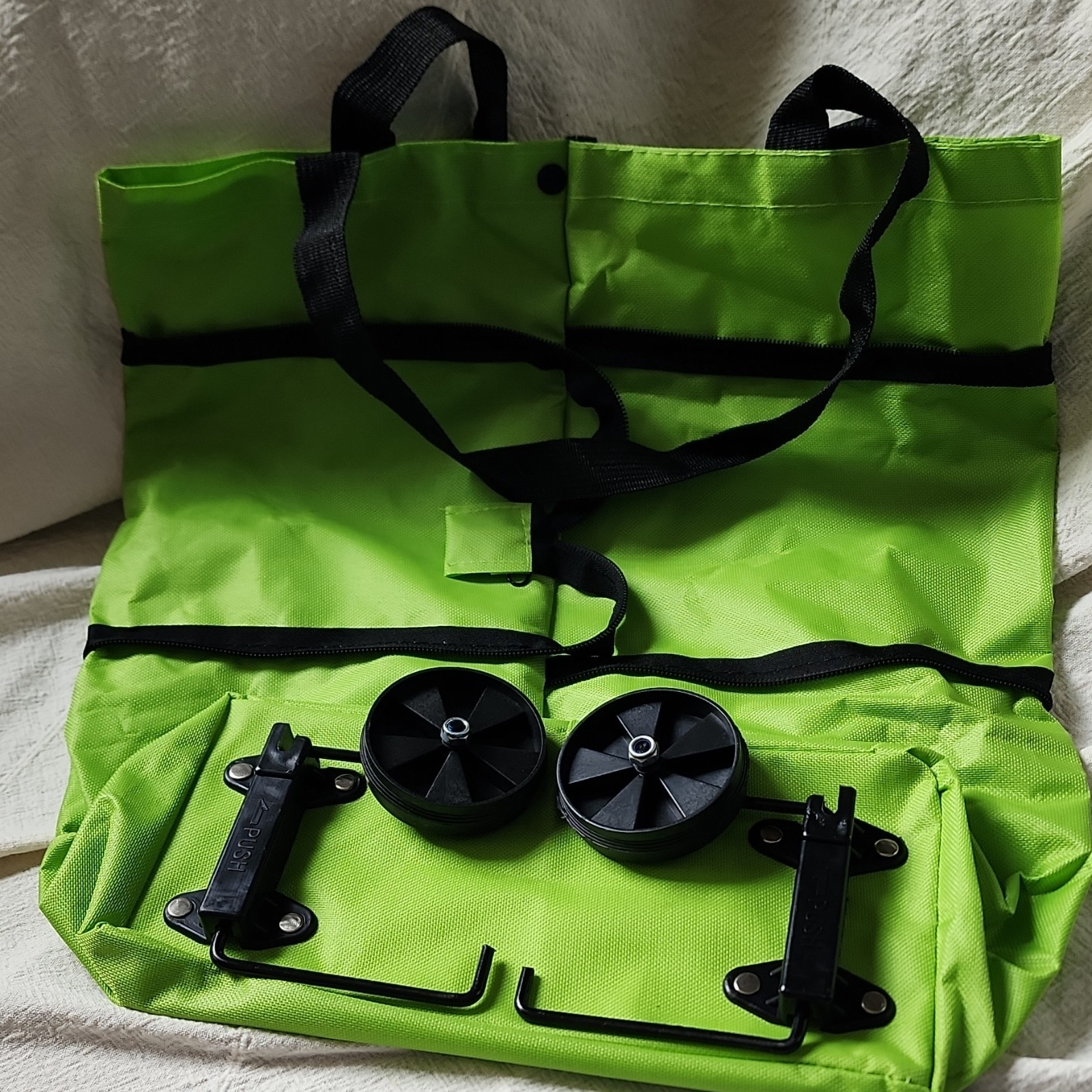 Green Foldable Reusable Shopping Bag with Wheels, Handles, Polyester, Modern