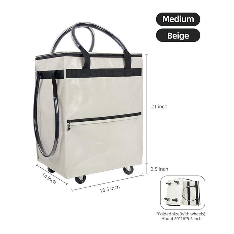 Folding Rolling Tote, Zipper reusable Grocery Bag on Wheels