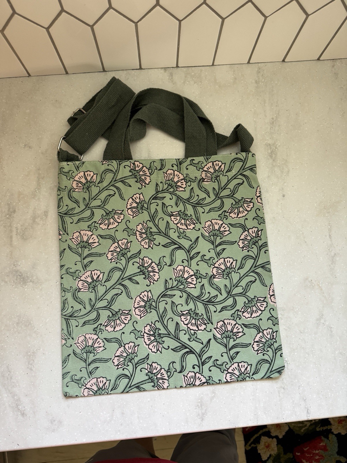 William Morris Style Canvas Tote Double Handles & Straps Green/Pink Floral NWOT