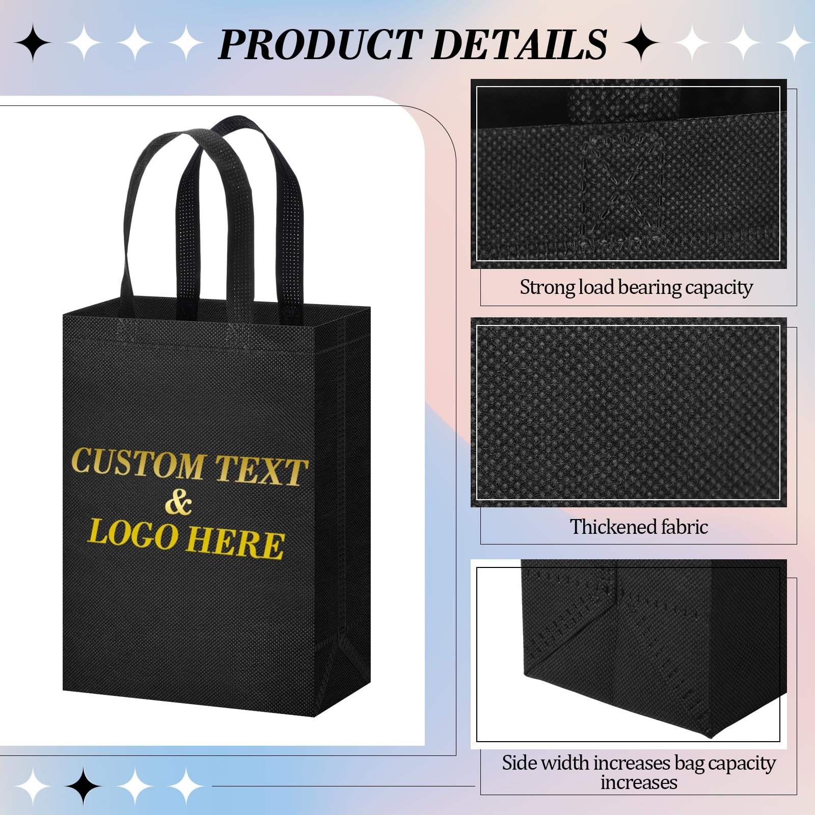 60 PCS Black Non Woven Reusable Grocery Bags Foldable 3 Sizes Bulk Tote
