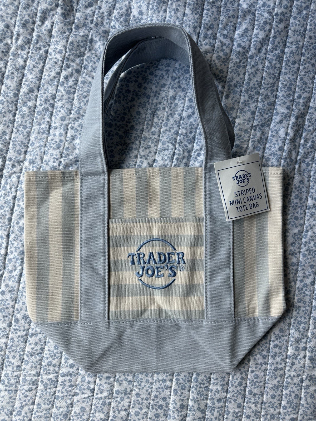 Trader Joe’s Striped Mini Canvas Tote Bag, Reusable, Blue/White, Cotton Blend