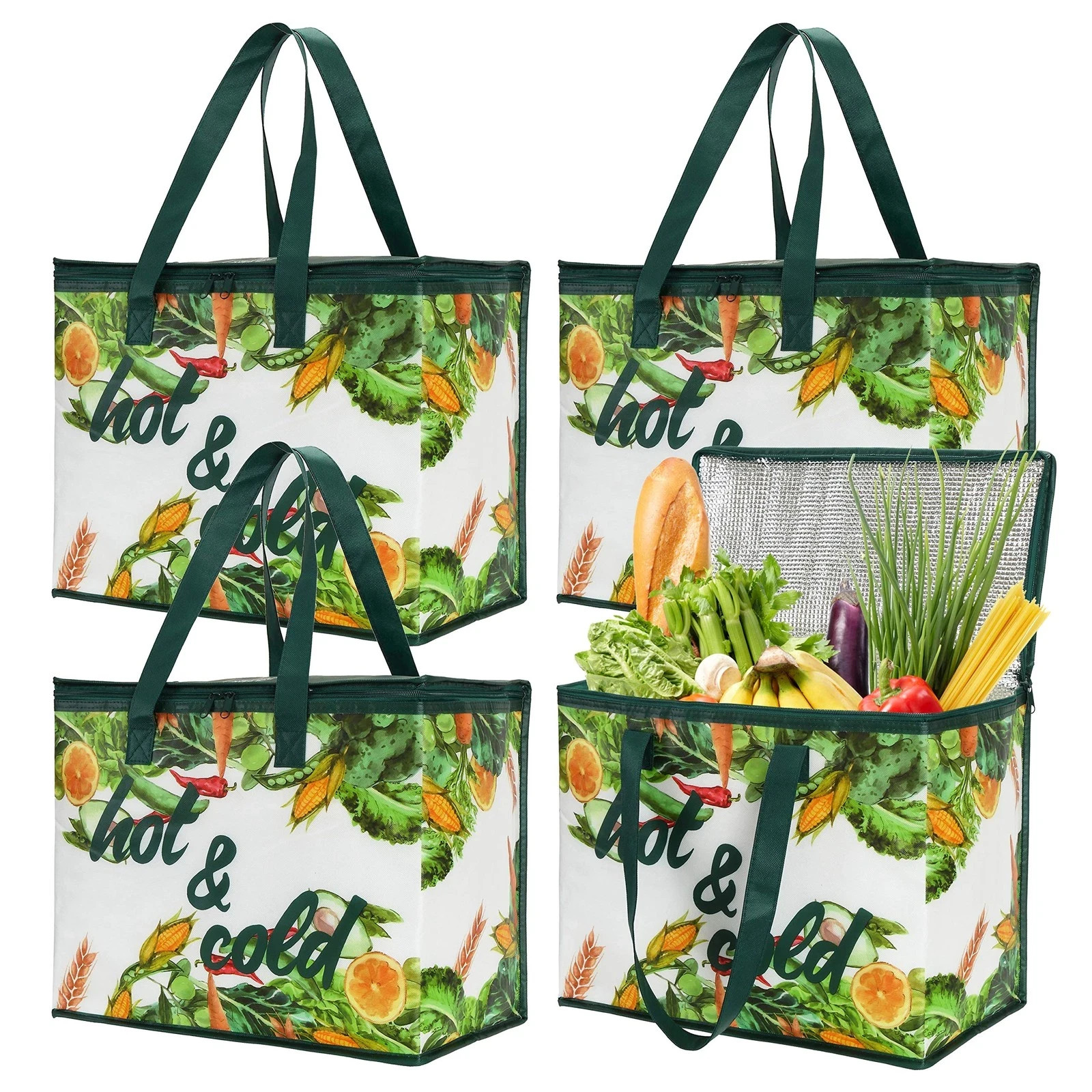 4 Pack Insulated Reusable Grocery Bag, Large Shopping Tote with Zippered Top …