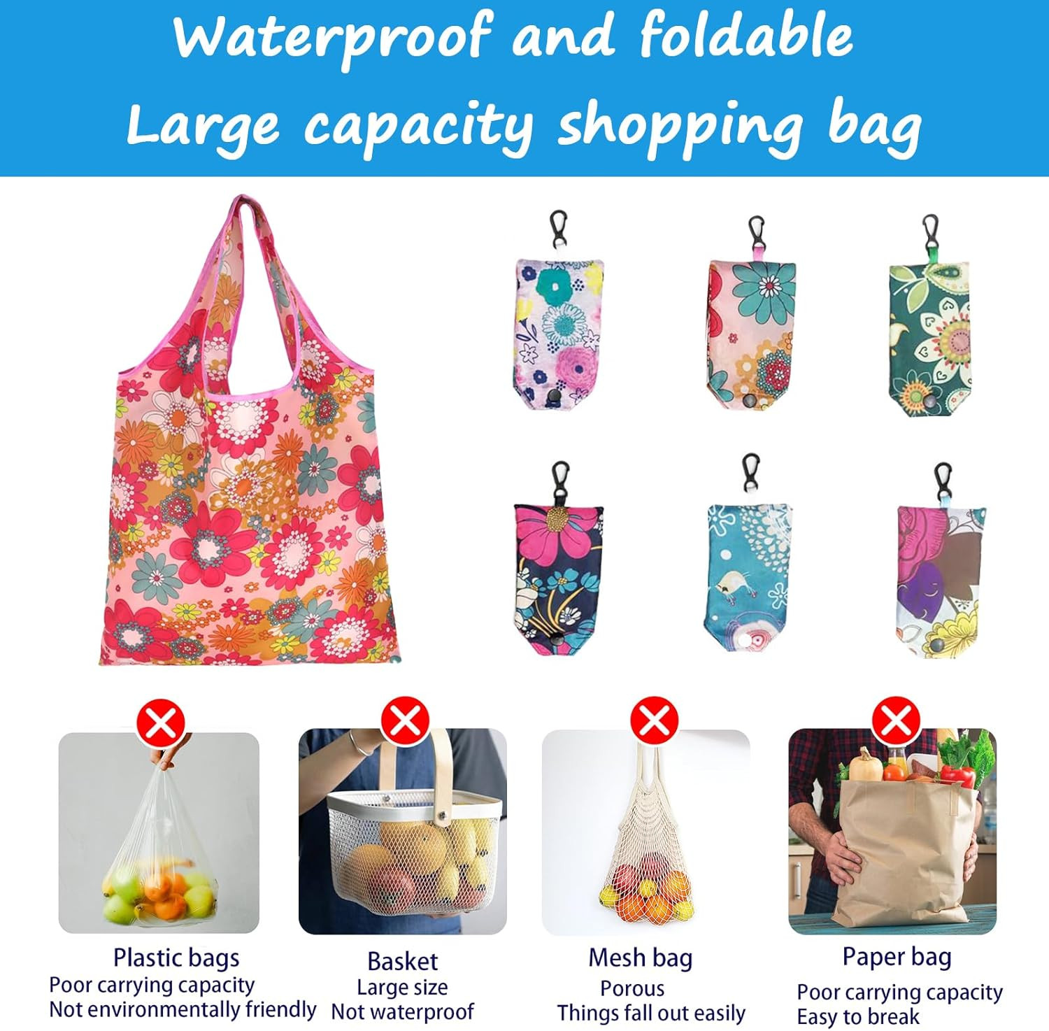 6 Pcs Reusable Shopping Bags Foldable, Machine Washable Shopping Grocery Bags in