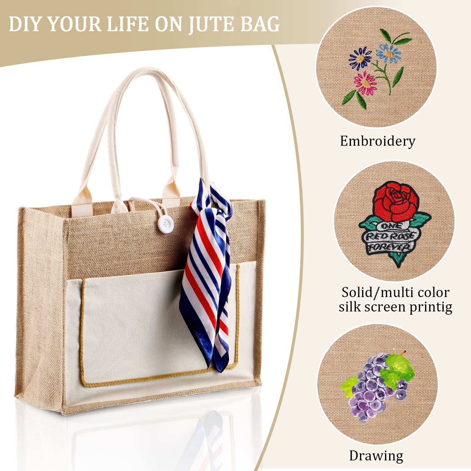 8 Pcs Burlap Tote Bags Bulk Large Jute Tote with Handles Reusable Canvas Gift…