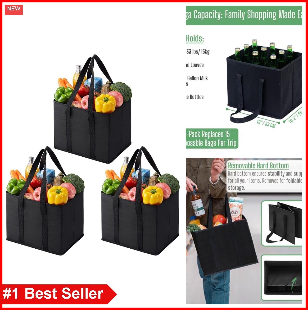 Reusable Grocery Bags 3 Pack Heavy Duty 6 Gallon Hard Bottom Foldable Shopping