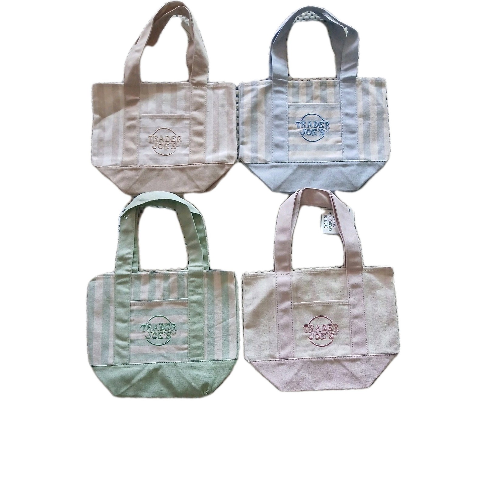 TRADER JOE’S MINI PASTEL STRIPE CANVAS TOTE BAGS SET Of 4 PINK BLUE GREEN BEIGE