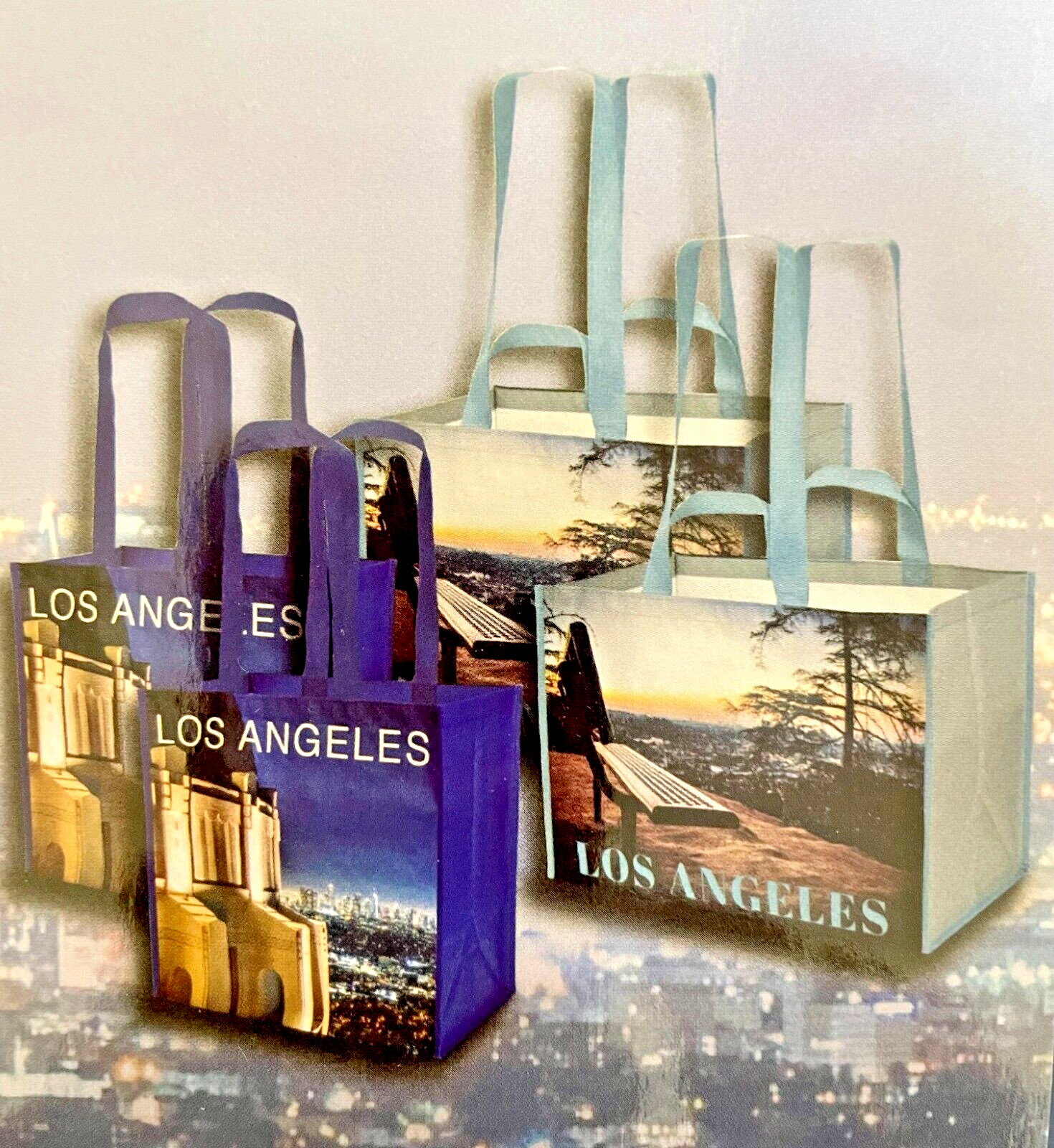 4-PACK Keep Cool Reusable Shopping Bags LOS ANGELES, 2 X-Large & 2 Large Bags