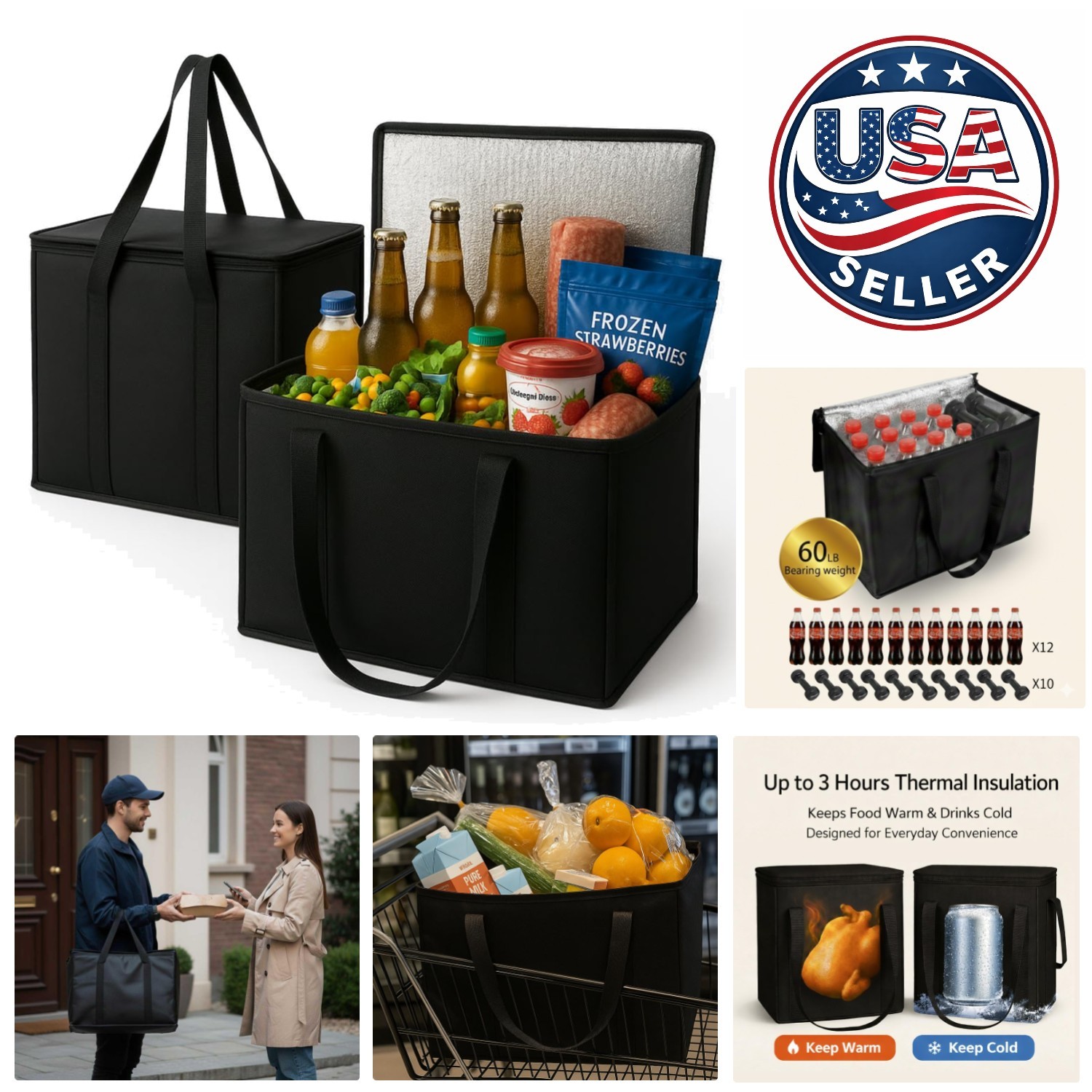 Heavy-Duty XL Insulated Grocery Bags – 12000ml Capacity, 2-Pack for On-the-Go