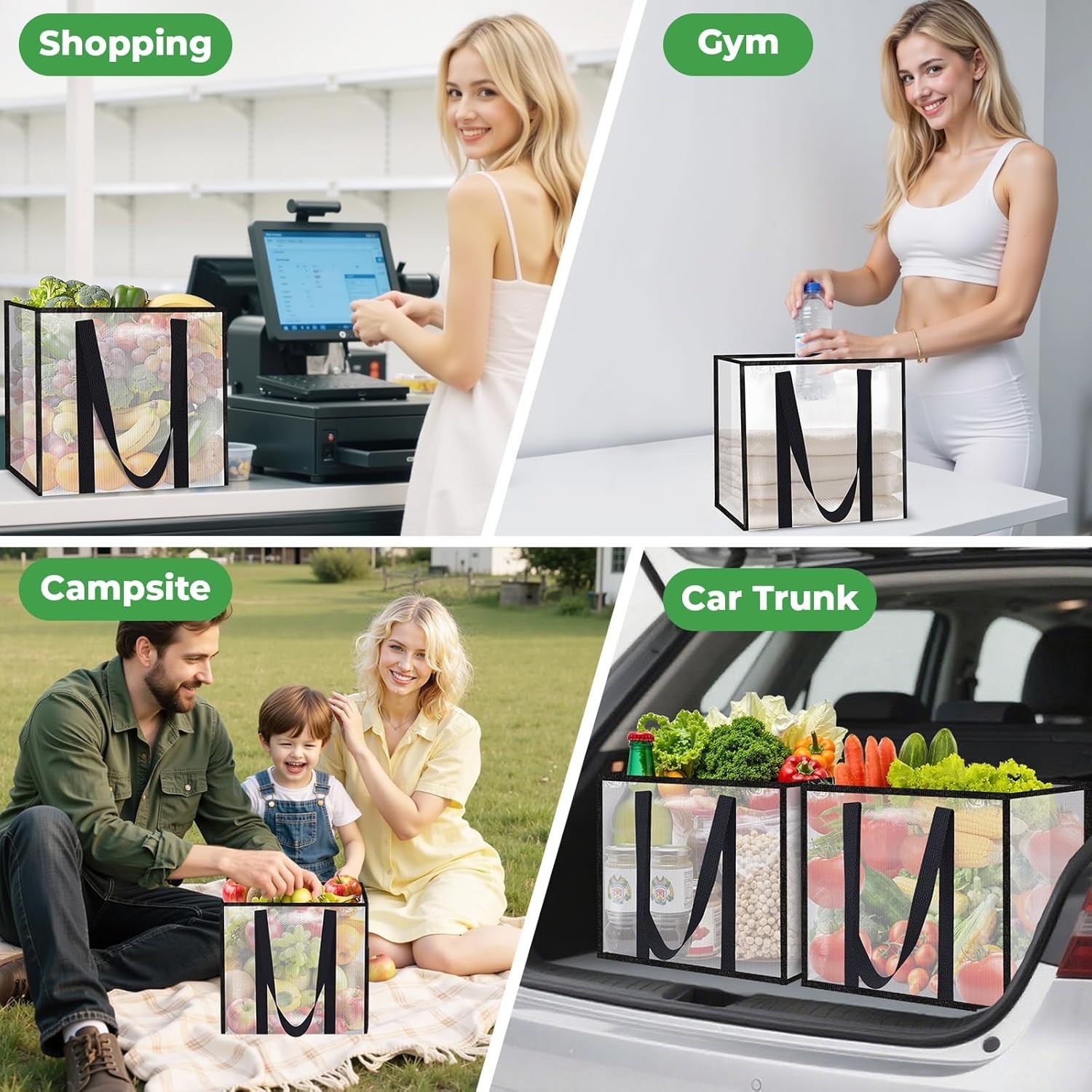 4 Pack Reusable Grocery Bags, Heavy-Duty Shopping Bags with Sturdy Handles
