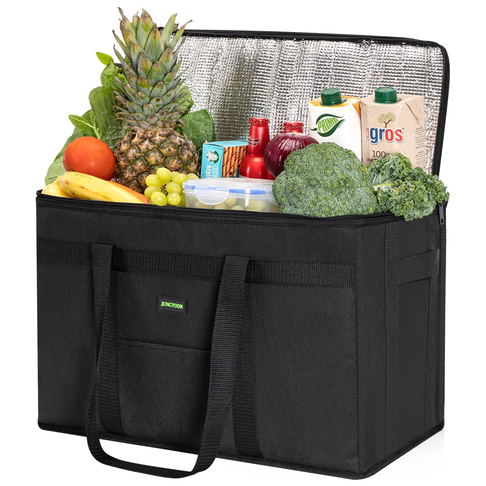 XXXL Black Heavy-Duty Insulated Grocery Bag Reusable with Zippered Top