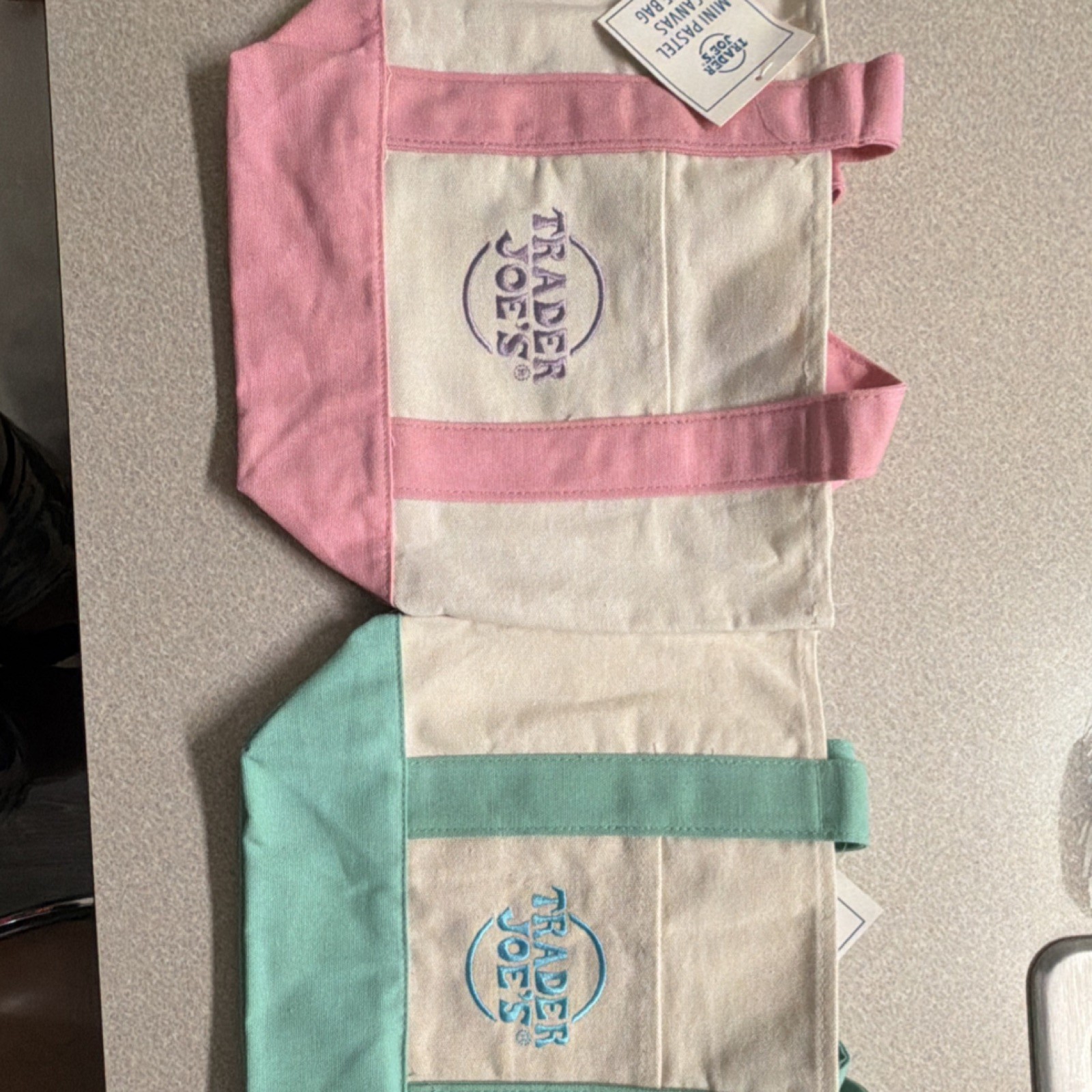 Trader Joe’s Mini Foldable Canvas Tote Bags Pink Green Cream Set of 2