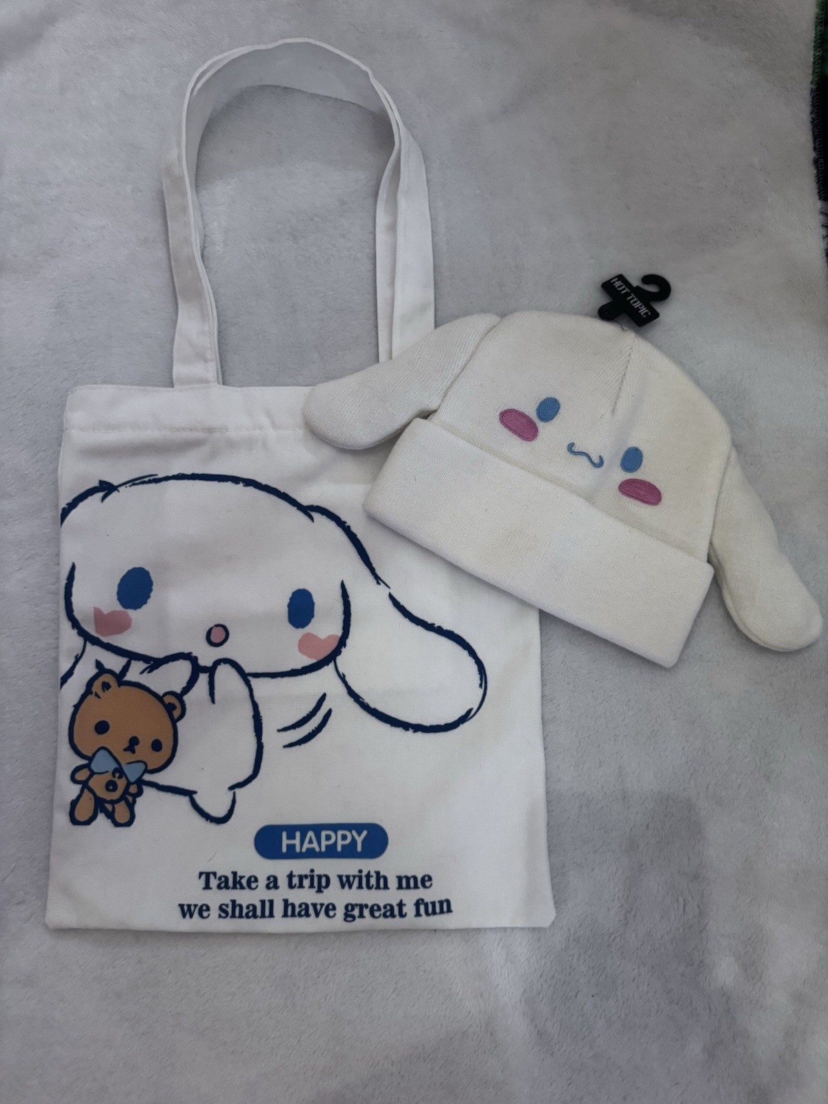 Sanrio Cinnamon Roll tote bag used and Hot Topic floppy Ear Beanie Hawaii anime