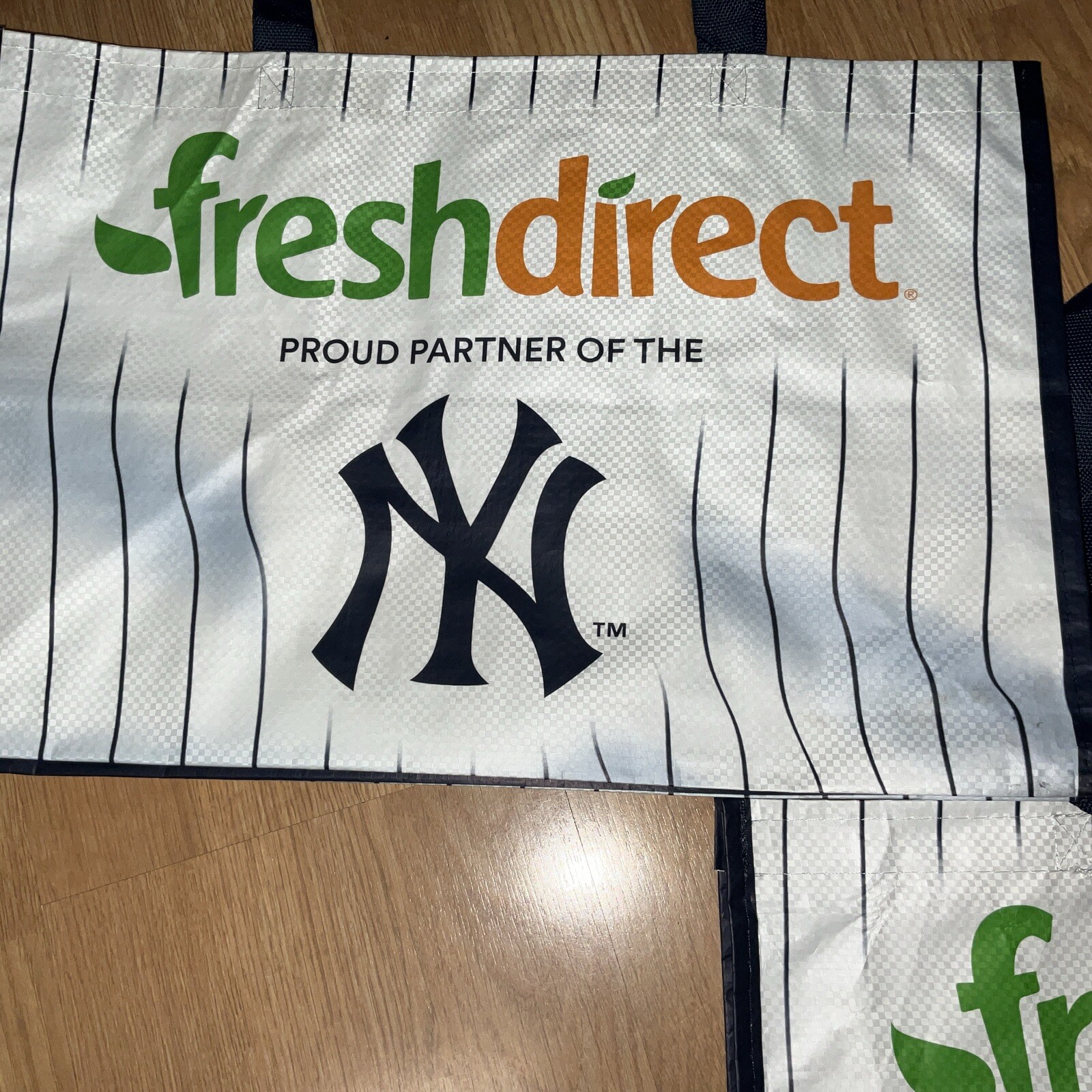 Lot of 2 NY Yankees Fresh Direct PVC TOTES Shopping bags USED Once 12x18x12