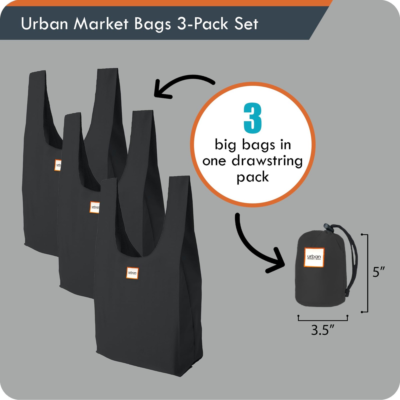 Urban Market Bags – Onyx – 3 Foldable Reusable Shopping Bags in 1 Compact Pou…