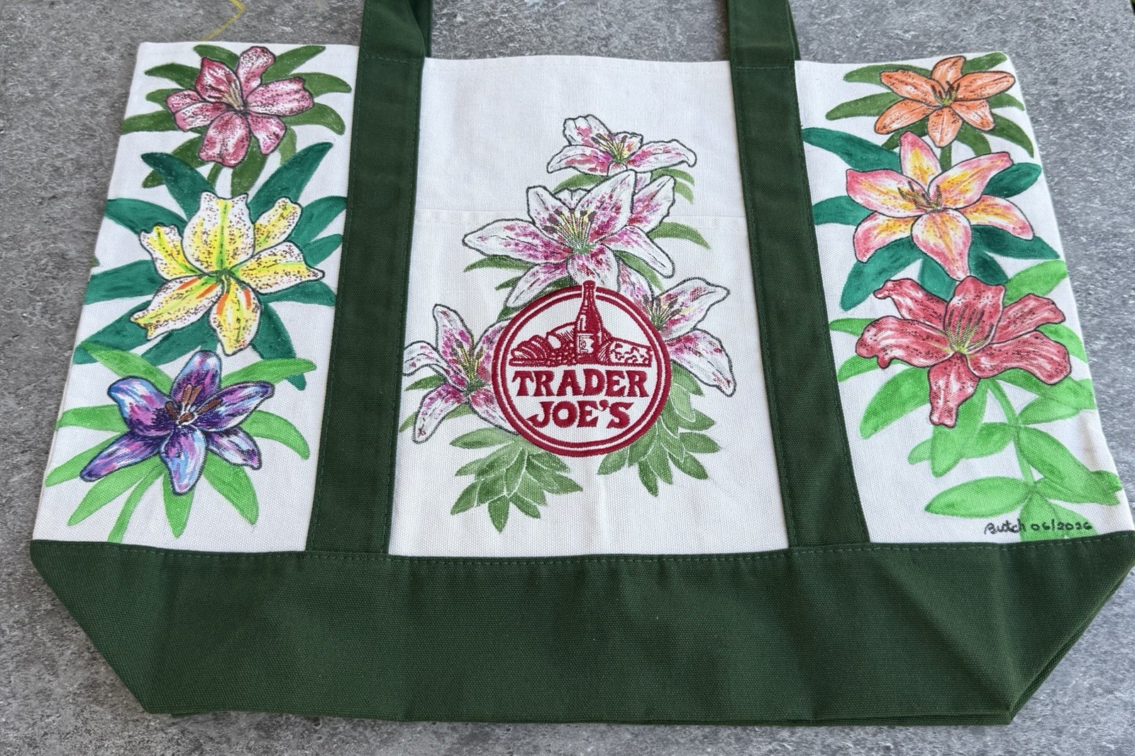 Trader Joe’s Large Green Canvas Tote Bag NWT Hand Painted Floral
