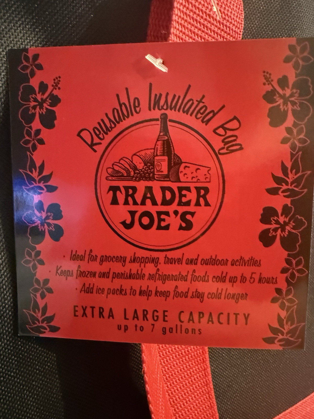 Trader Joe’s Insulated Cooler Tote Bag XL 7 Gallon Reusable Black Red New