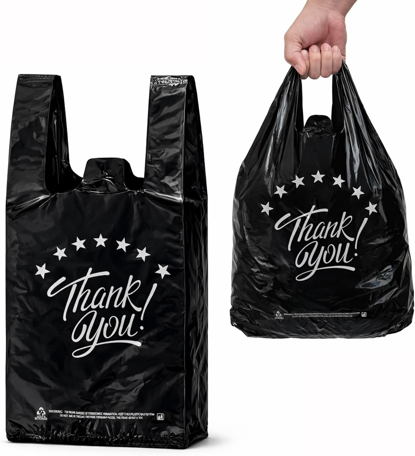 Tear-Resistant Black Thank You T-Shirt Bags – 200pcs, Perfect for Groceries
