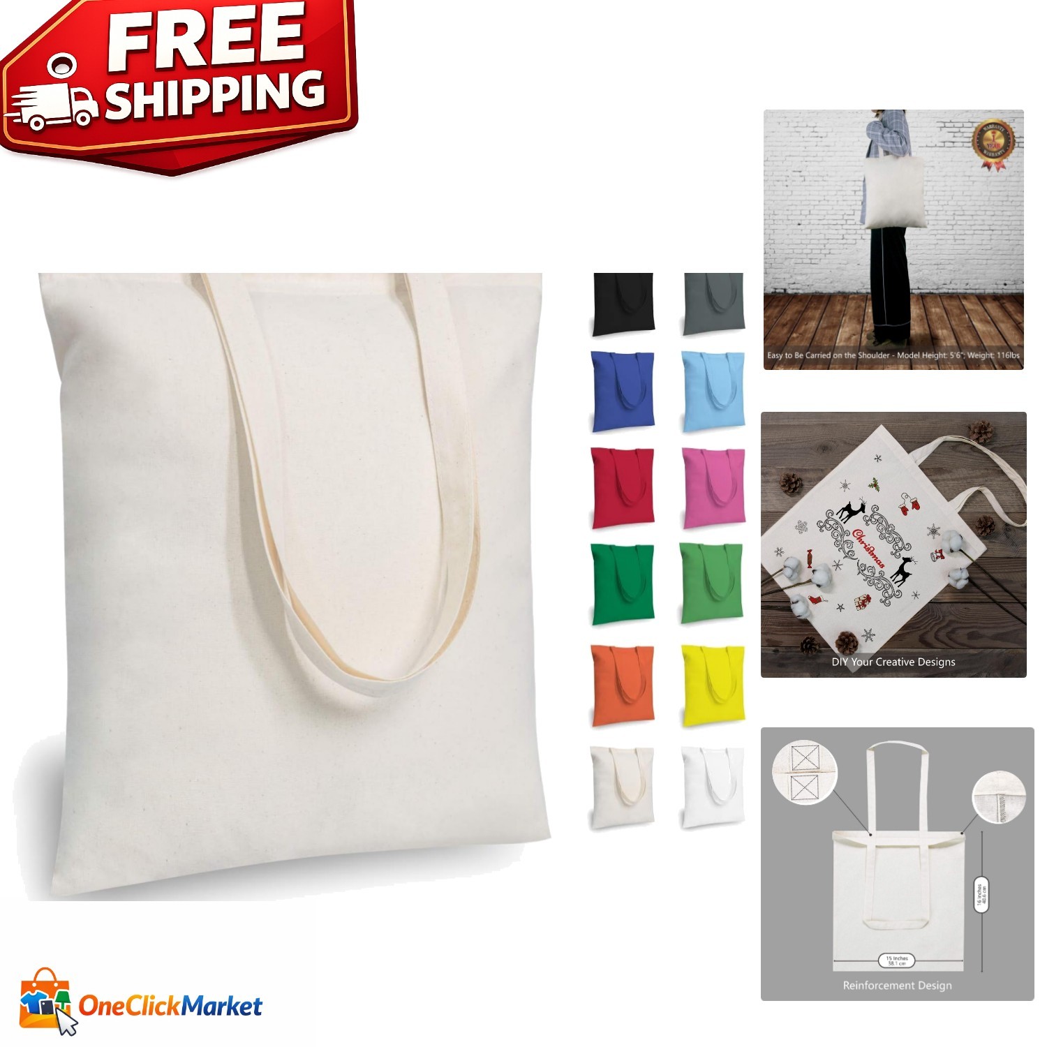 Eco-Friendly Medium Tote Bags – 5-Pack Lightweight Reusable for Daily Activities
