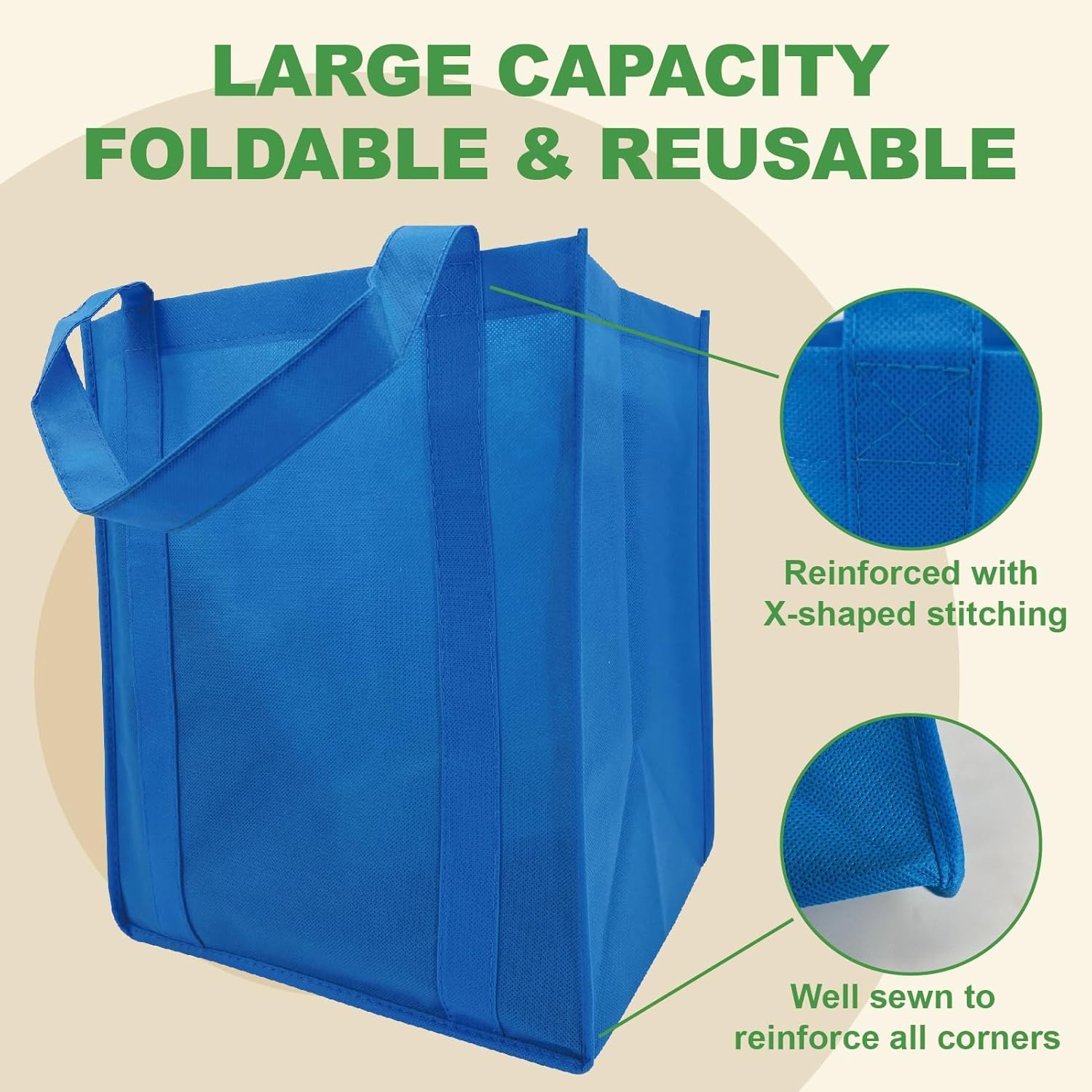 10 Pack Reusable Shopping Bags – 14.9×12.6×9.4 Inth Bulk Tote Bag for Grocery wi