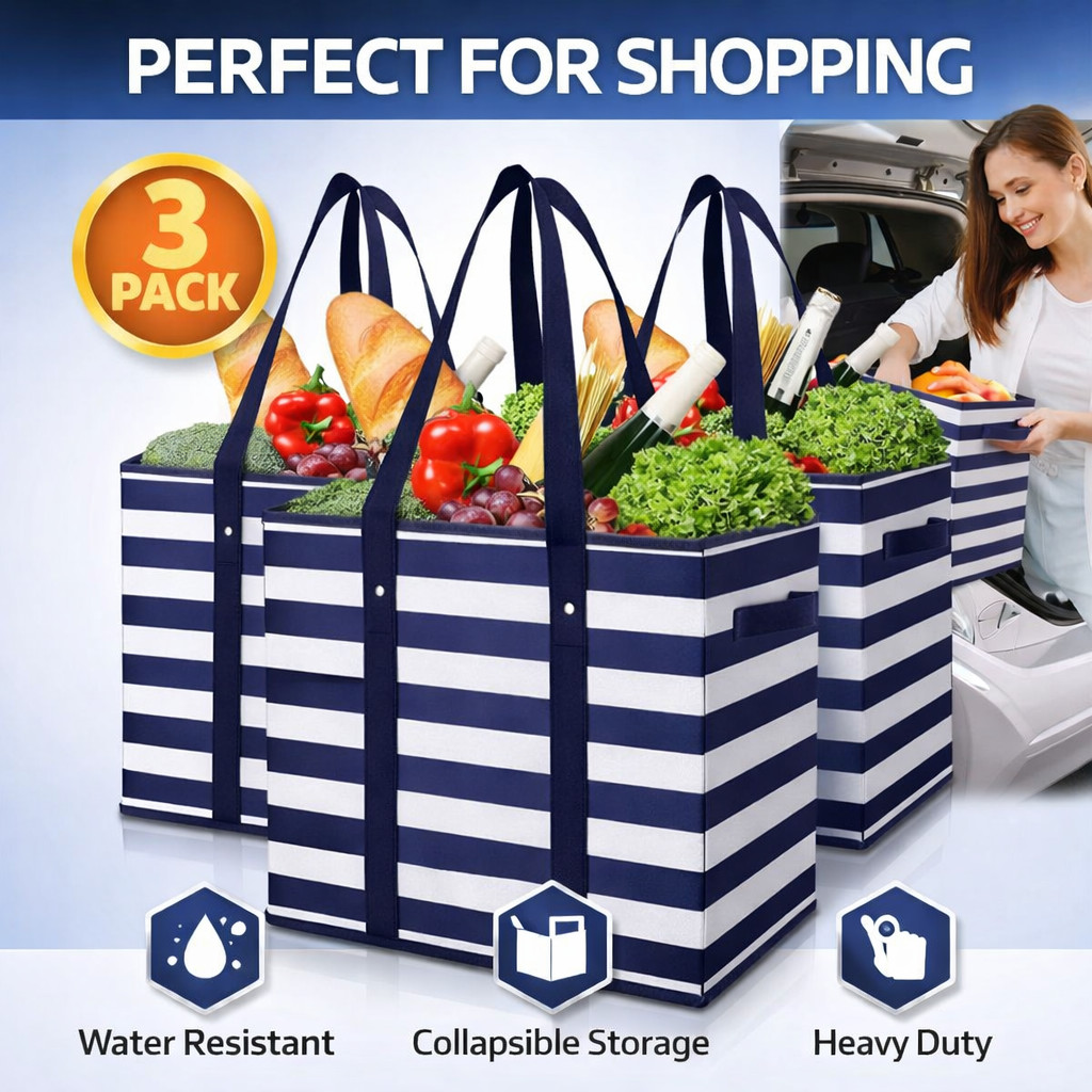 Reusable Grocery Bags 3 Pack Large Collapsible Heavy Duty Shopping Tote Bags