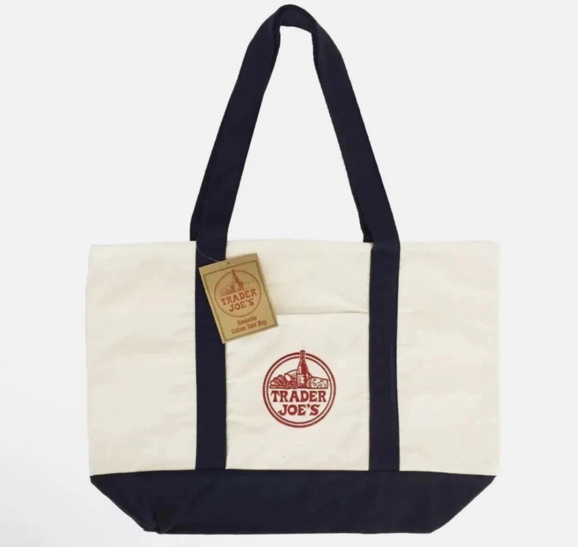 Trader Joe’s Reusable Heavy Cotton Canvas Shopping Bag, Off White & Navy, Large