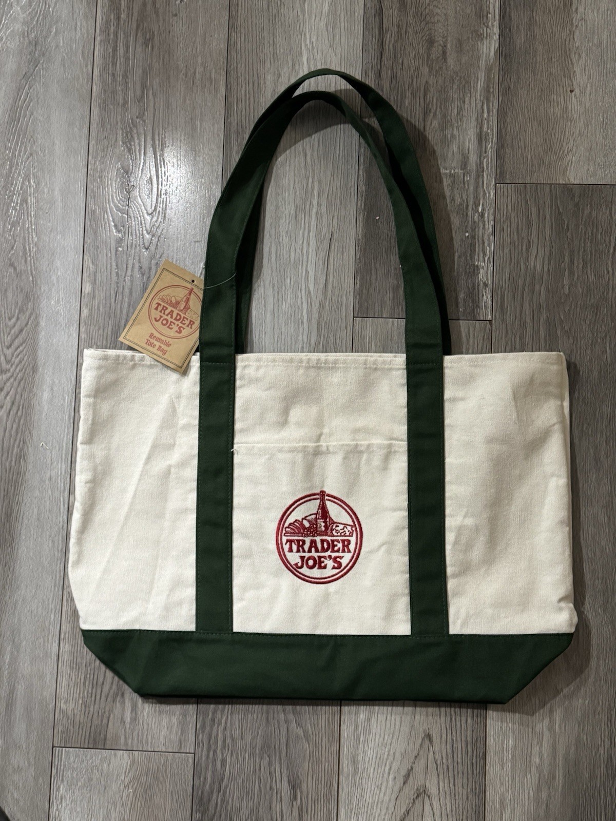 Trader Joe’s Canvas Foldable Reusable Tote Bag Solid Beige Green Shopping Bag