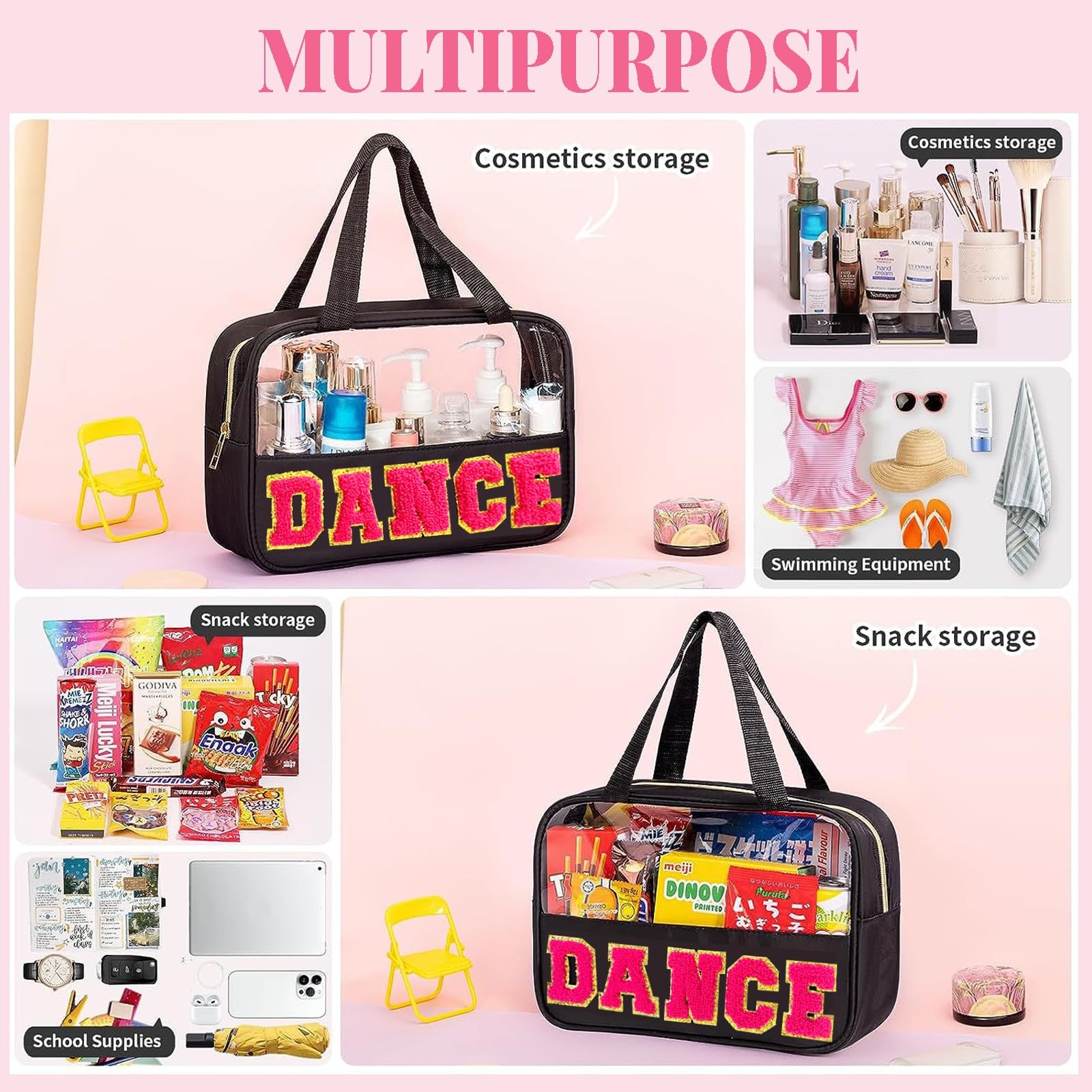 Kovewon Chenille Letter Bags for Dance Recital Gifts Clear 1 PCS, Black-Dance