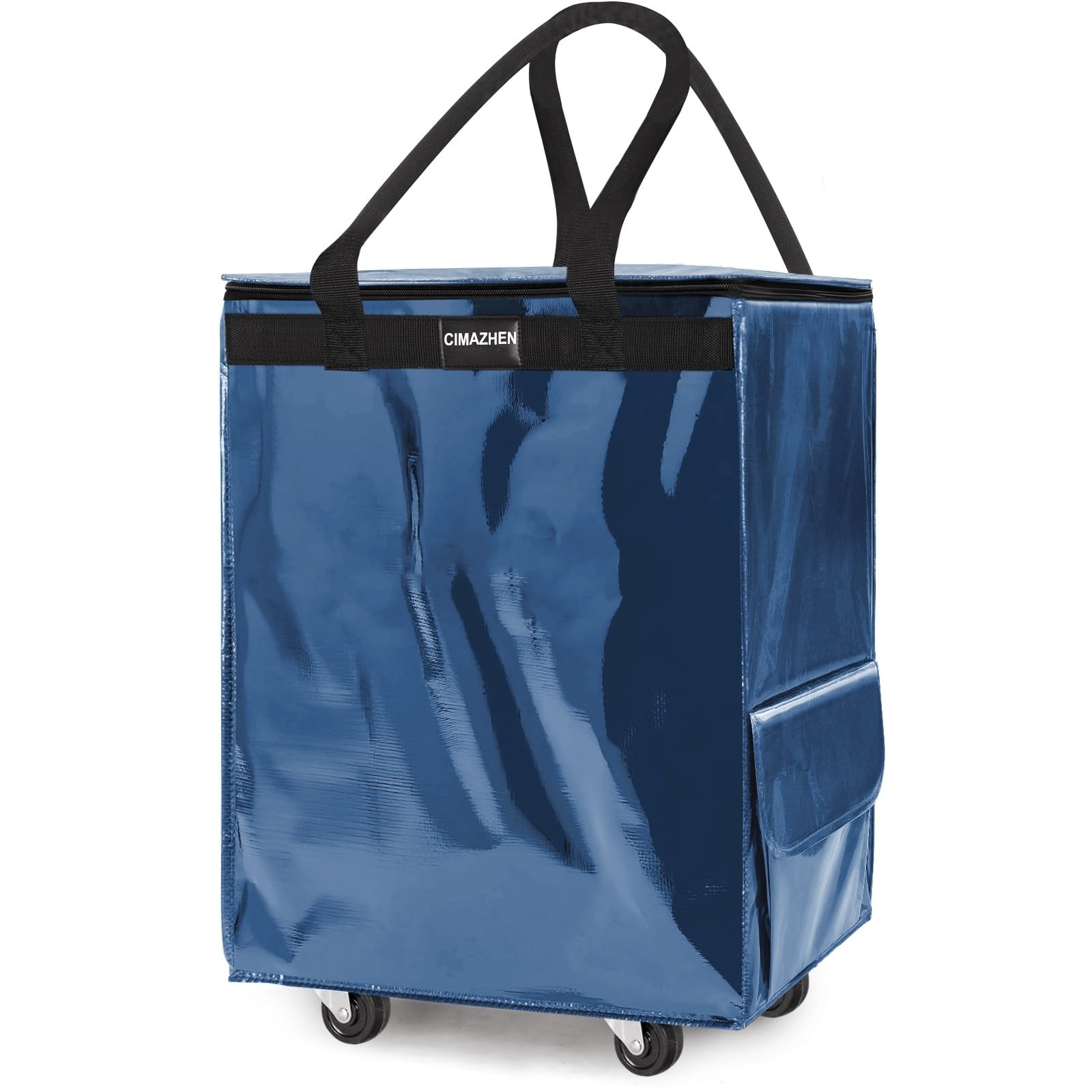 (Medium,Navy Blue) Reusable Grocery Bag on 4 Wheels, 70L Foldable Rolling Tot…