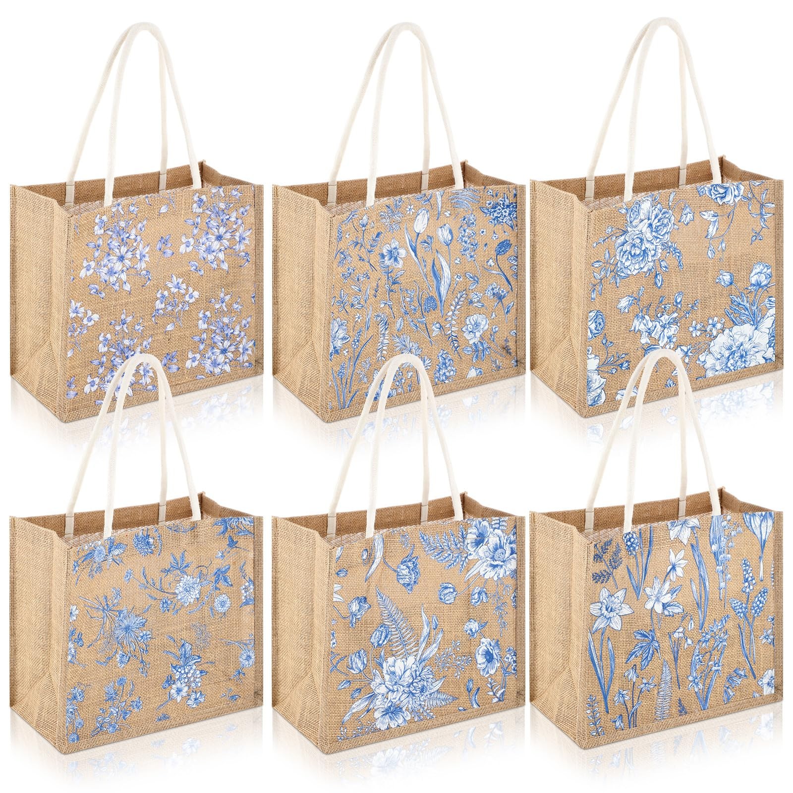 6 Pcs Blue and White Floral Burlap Tote Bags Chinoiserie Flower Jute Gift Bag…