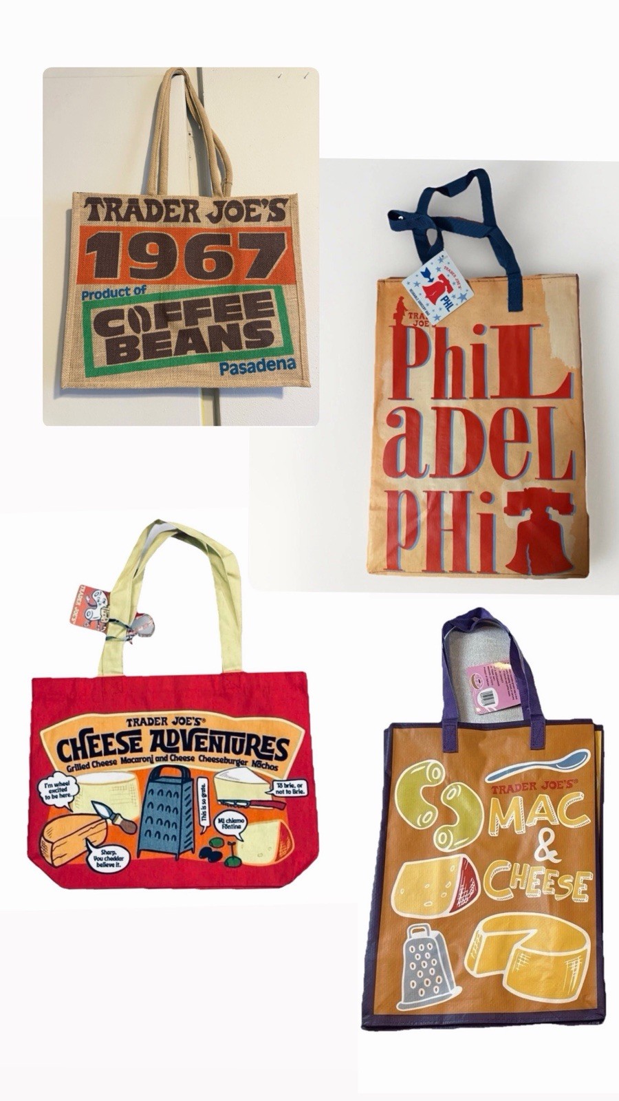 4 PC NWT Trader Joe’s REUSABLE GROCERY Philadelphia State/Region & Cheese Tote