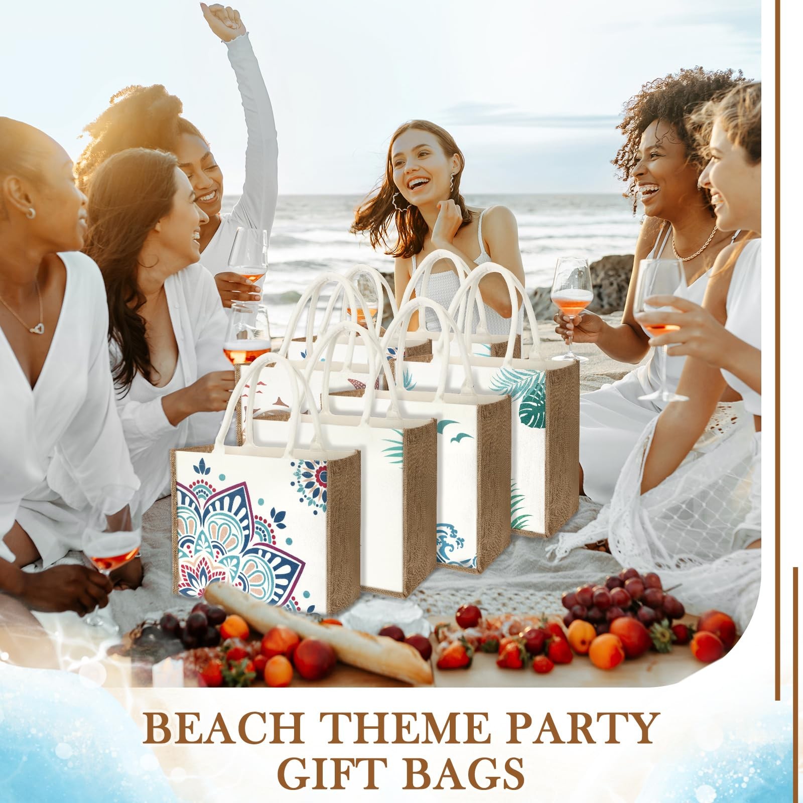 6 Pack Beach Burlap Tote Bags 14.2×12.6×7.5 Inch Large Jute DIY Gift Bag