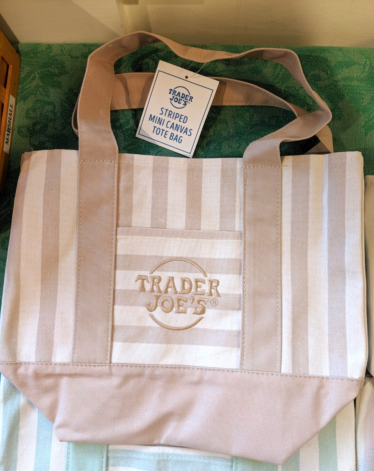 Trader Joe’s Mini Pastel Stripe Canvas Tote Bag Tan beige light brown