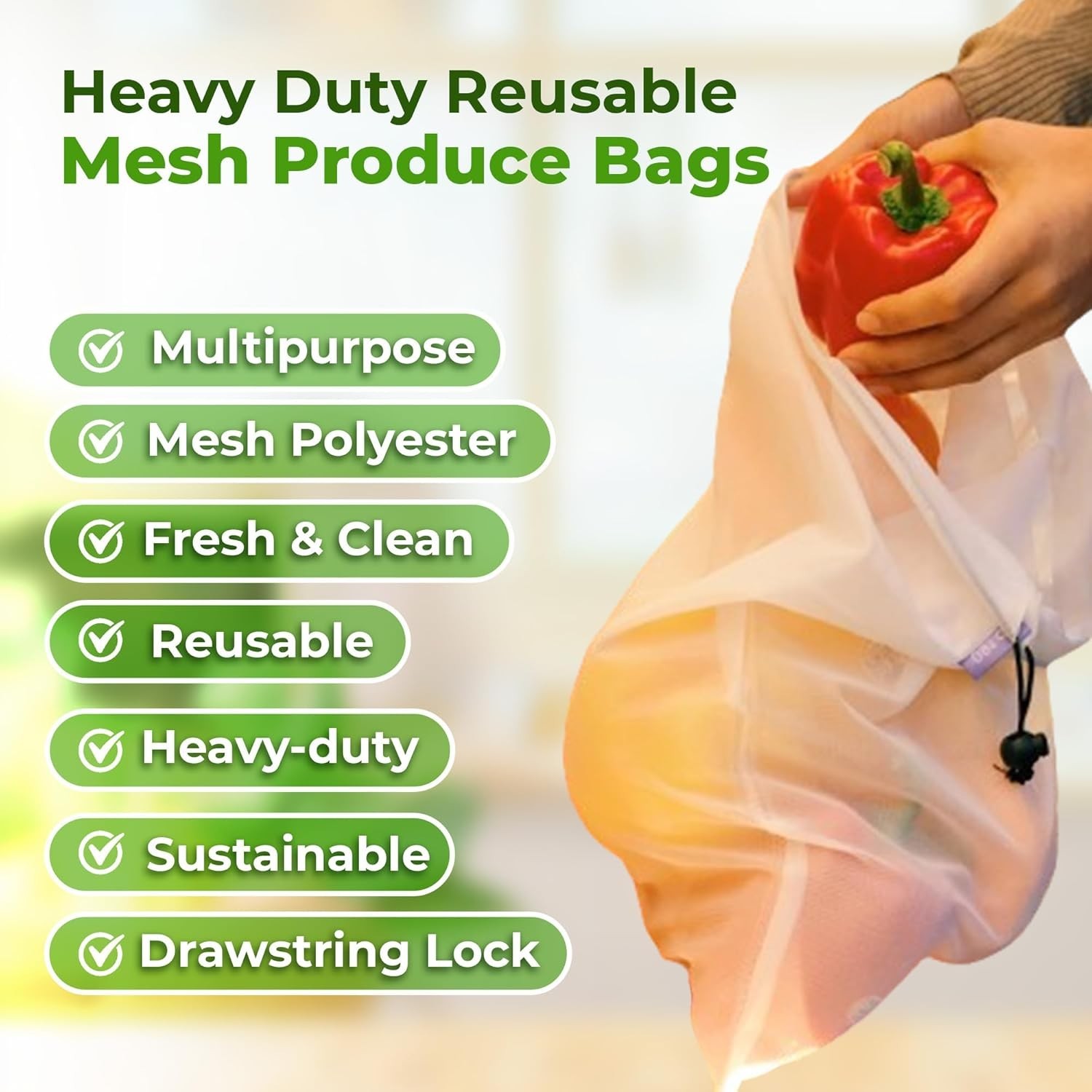 Set of 9 Reusable Produce Bags – Heavy Duty Washable Mesh Grocery Bags
