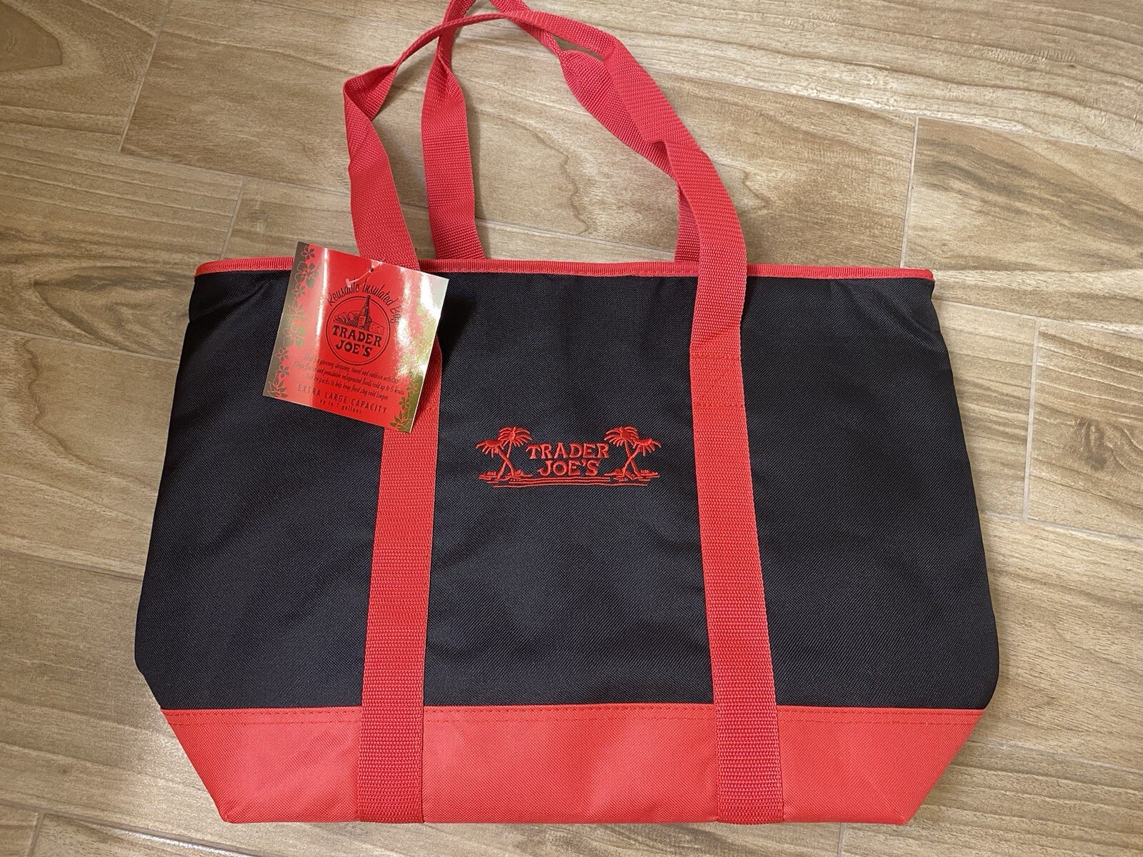 Trader Joe’s Insulated Reusable Bag Extra Large up to 7 Gallons Black Red New