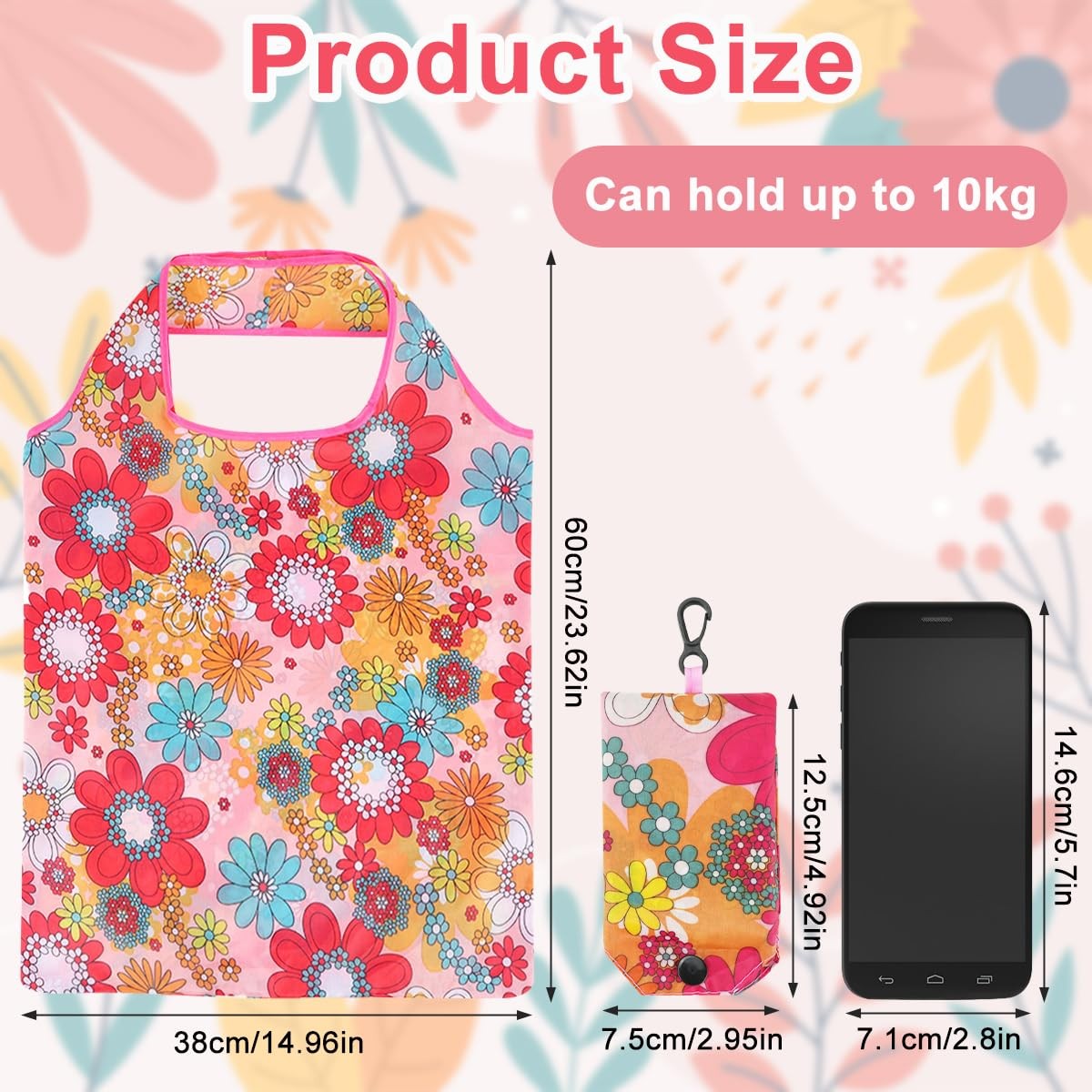 12 PCS Floral Cute Waterproof Foldable Washable Reusable Grocery Tote Bag